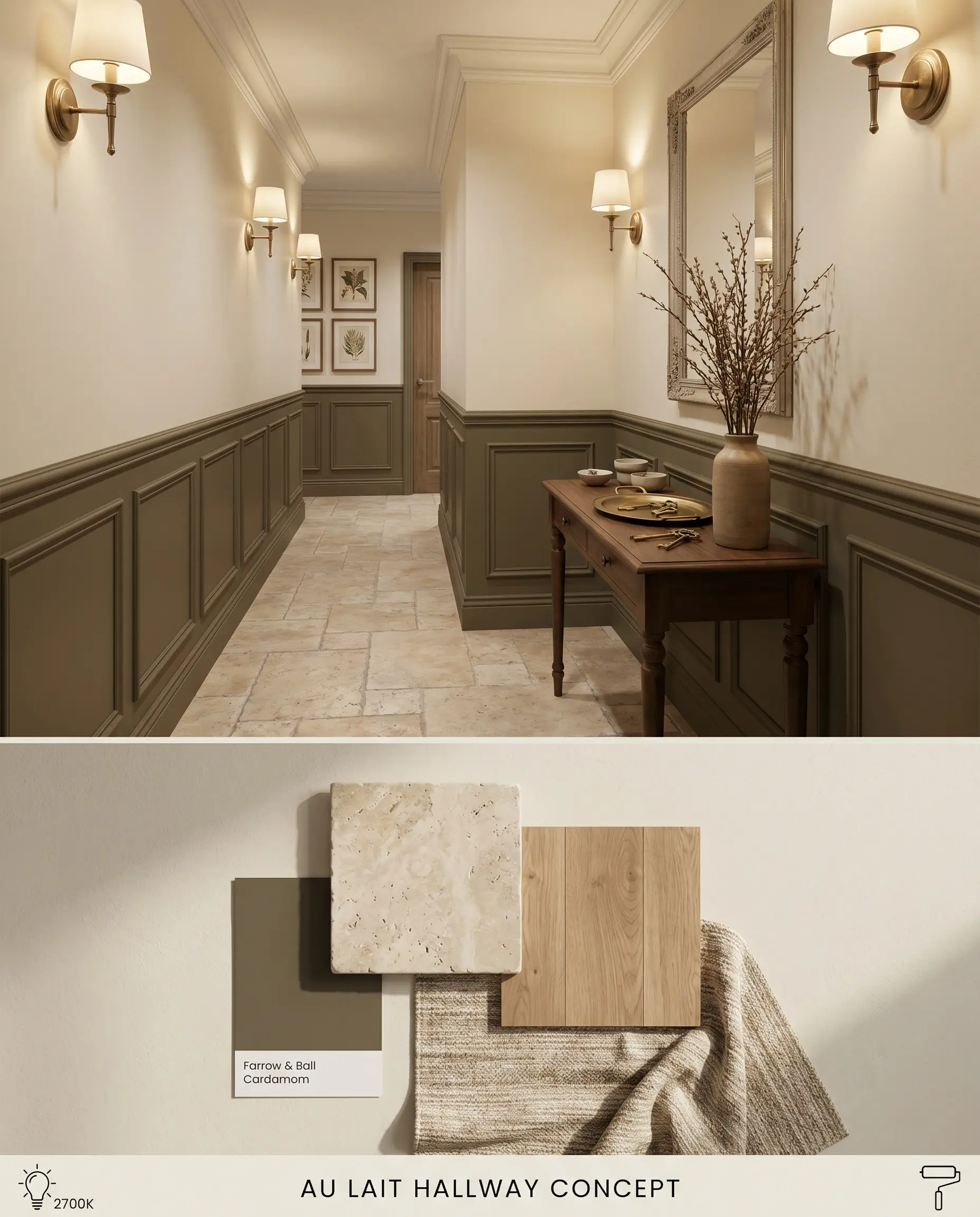 A split digital conceptual board featuring a beige undertone hallway above a physical flat-lay of tumbled travertine, matte European oak, and coordinating wainscoting colors.