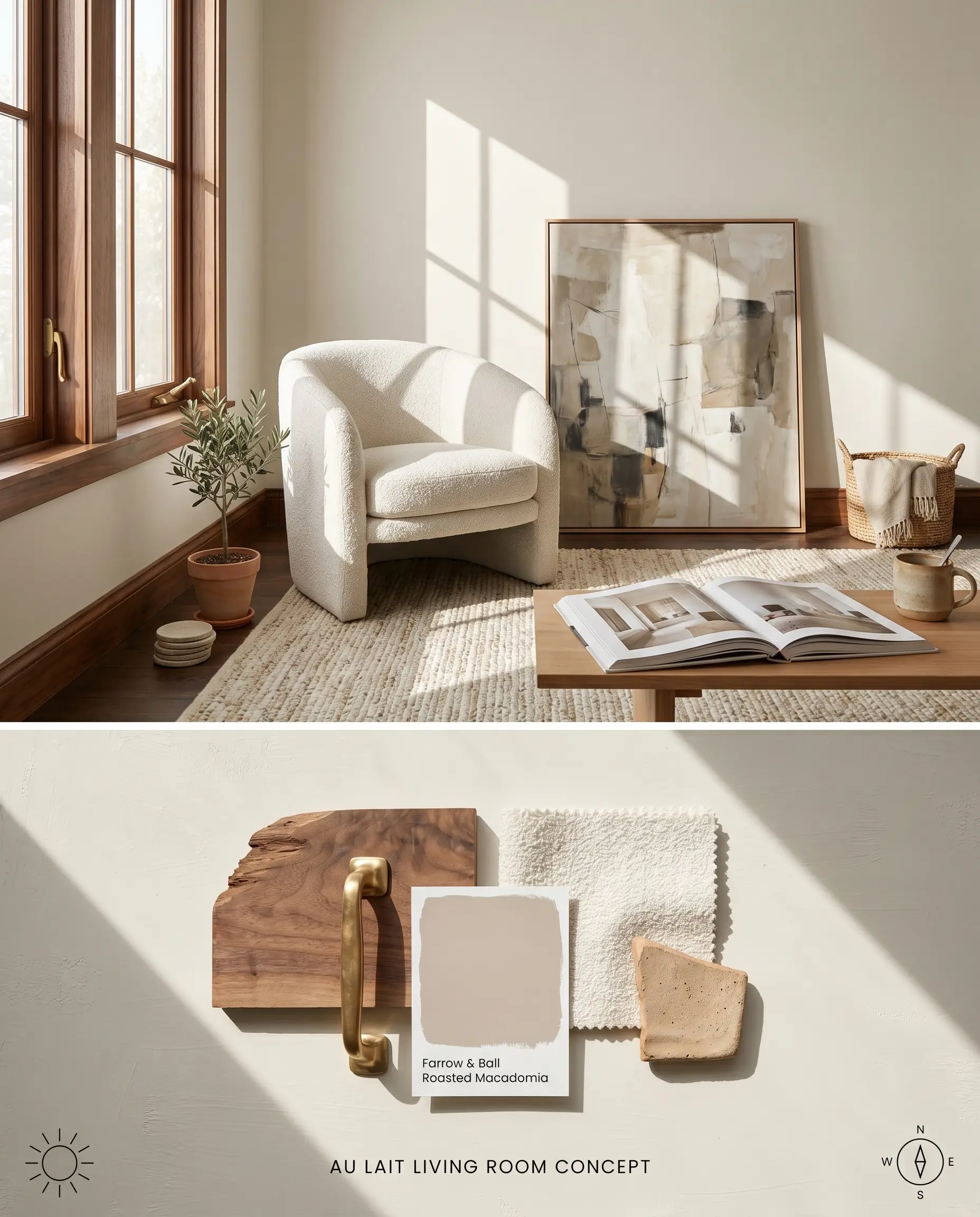 A split digital conceptual board displaying a chicory coffee-toned living room corner above a tactile flat-lay of walnut, brass, and bouclé materials.