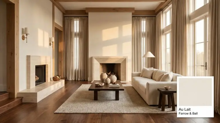A photorealistic living room featuring Farrow & Ball Au Lait (Hex #ebe7dc) walls, an oiled walnut hardwood floor, and a honed travertine fireplace.