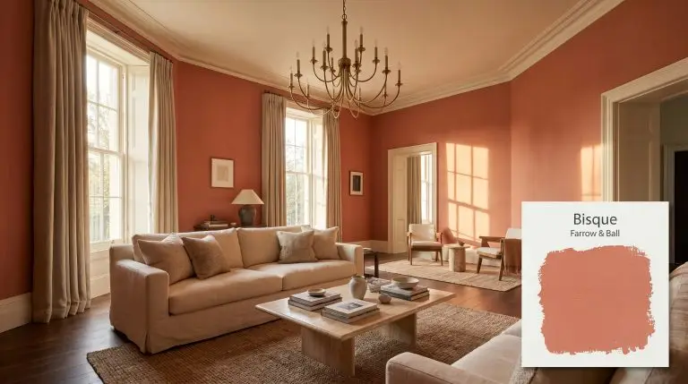 A photorealistic formal living room painted in Farrow & Ball Bisque (Hex #DF7662), featuring a cream linen sofa, unlacquered brass chandelier, and dark walnut flooring.