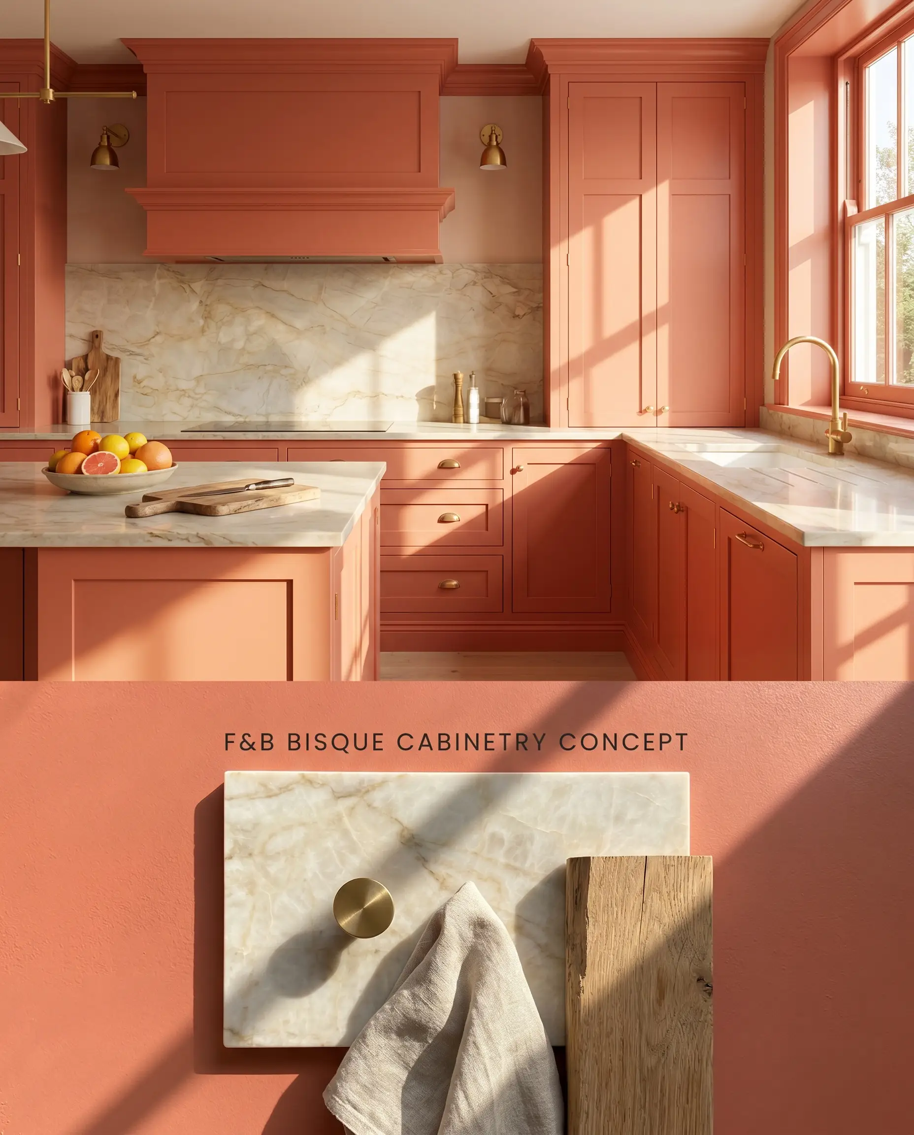 A split digital conceptual board featuring Farrow & Ball Bisque custom kitchen cabinetry above, and physical Taj Mahal quartzite, brass, and oak samples below.