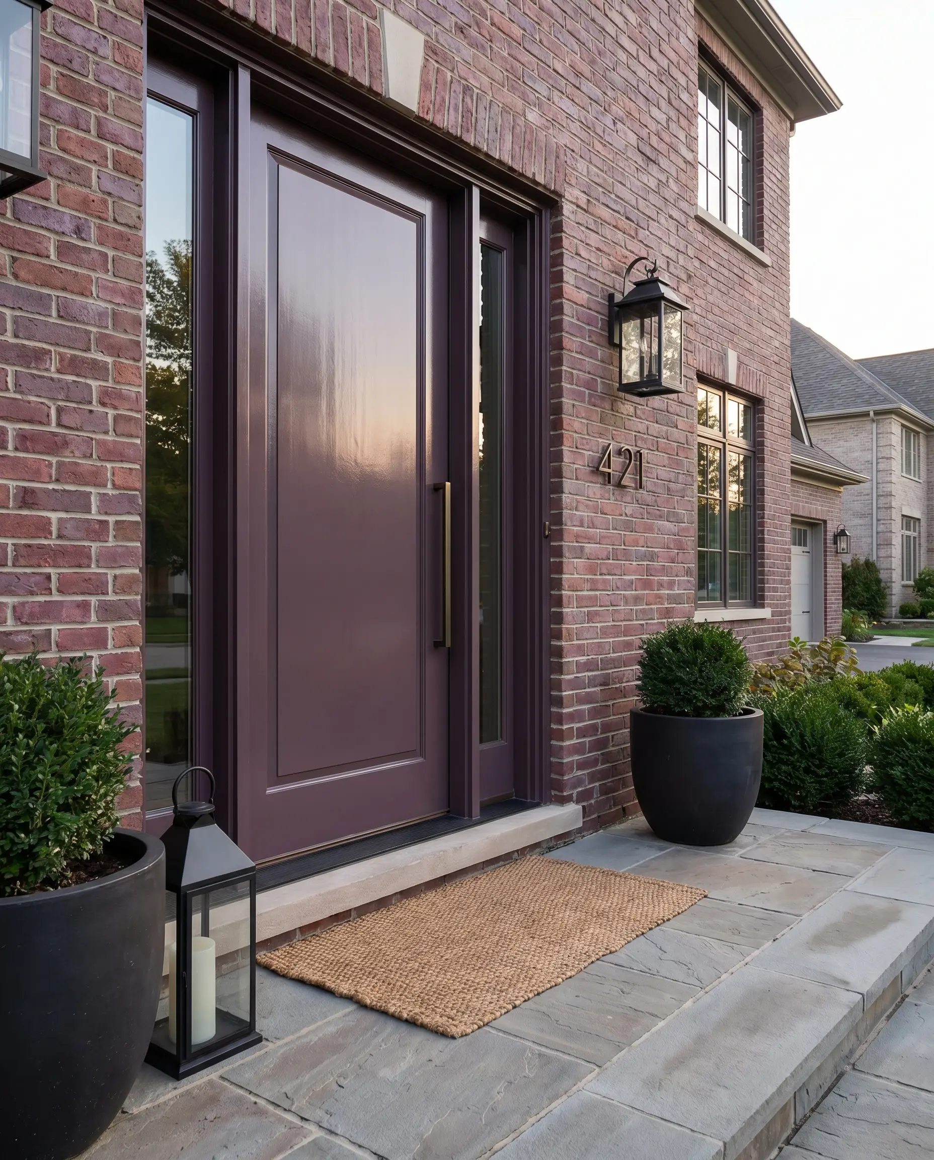 A dusty eggplant painted solid wood front door in a high-gloss finish creates tactile depth against a cherry-red brick home and modern house numbers.