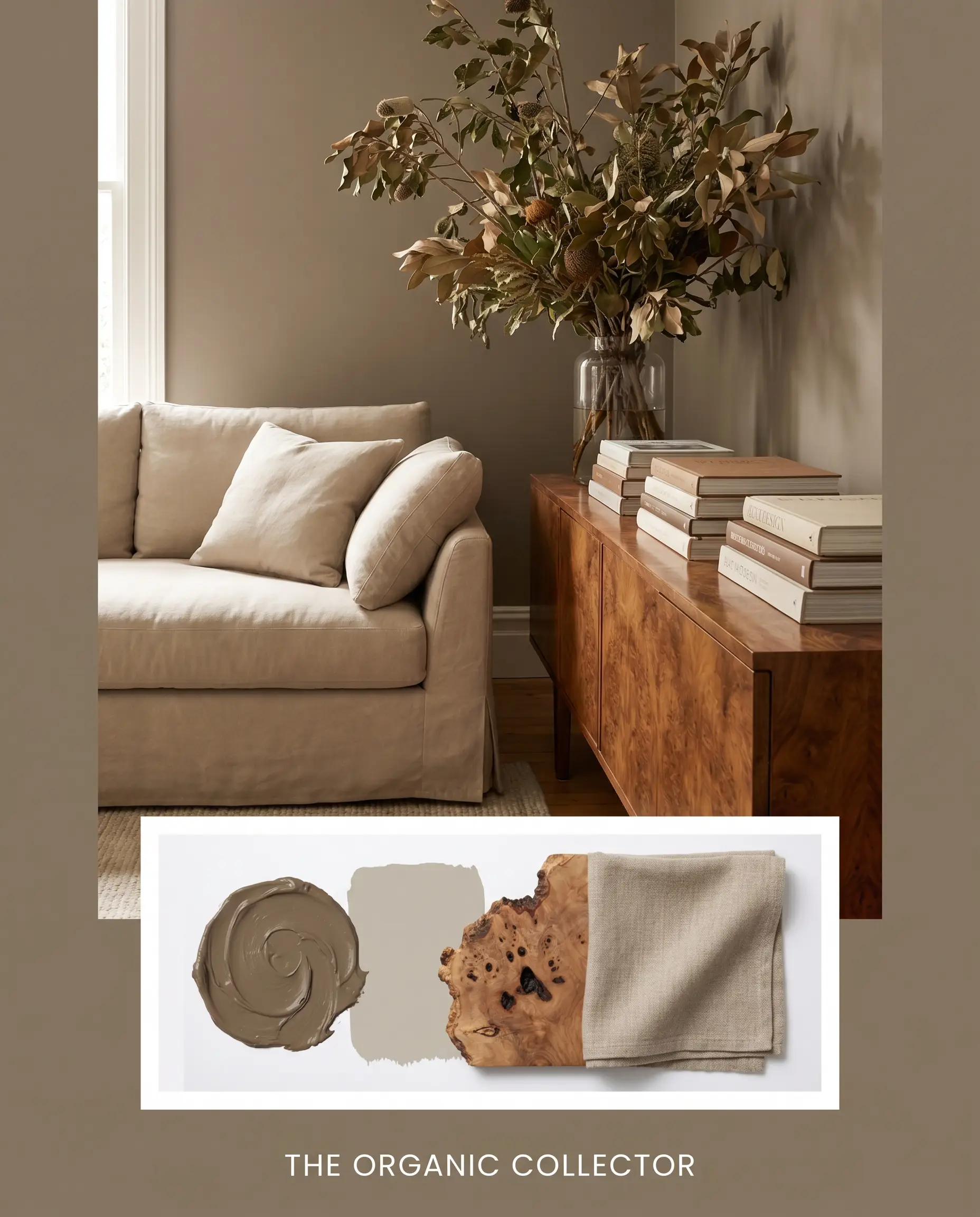 An editorial flat-lay features a taupe base paint texture, burl wood, and linen below a living room anchored by a plush slipcovered sofa.