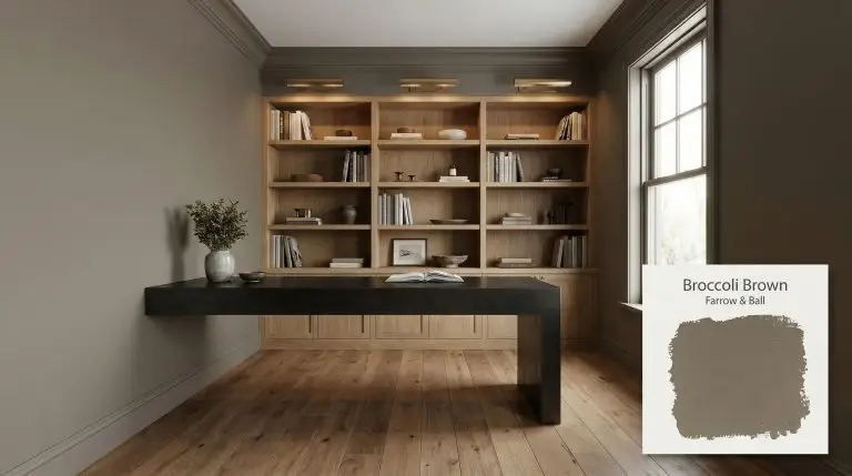 A sophisticated study painted in Farrow & Ball Broccoli Brown (Hex #827462) features a blackened steel floating desk, white oak shelving, and wide-plank hardwood floors.