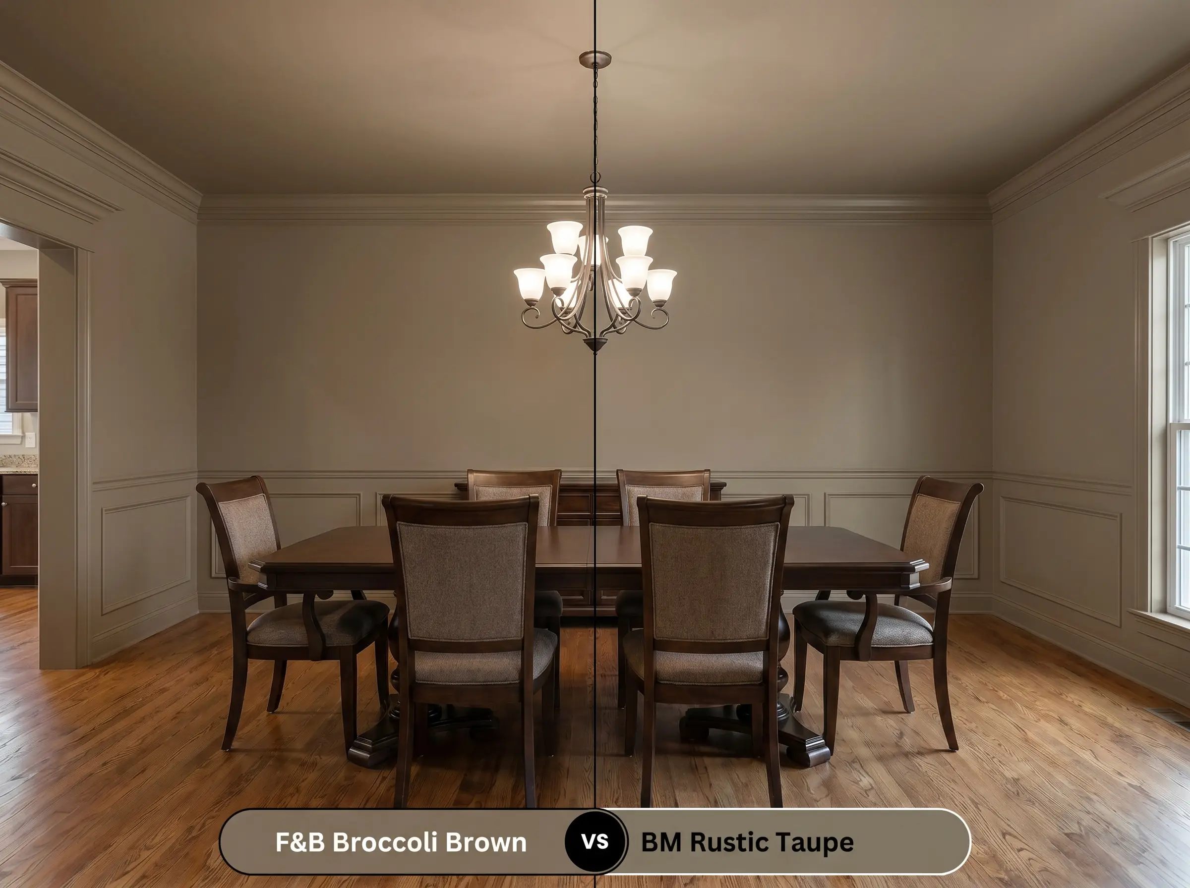 A side-by-side split-screen comparison of Farrow & Ball Broccoli Brown on the left and Benjamin Moore Rustic Taupe on the right, shown in a mirrored dining room.