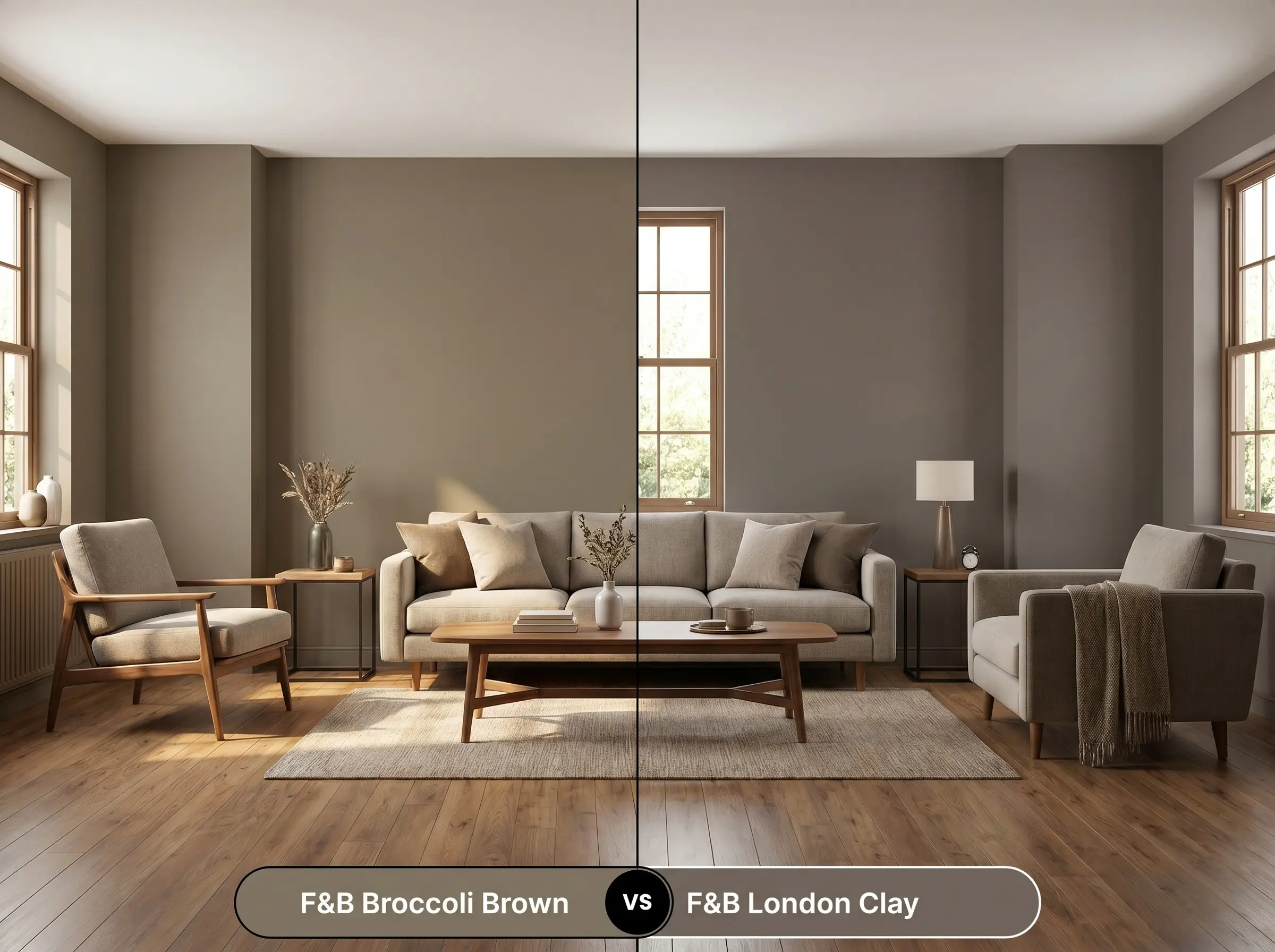 A side-by-side split-screen comparison of Farrow & Ball Broccoli Brown on the left and Farrow & Ball London Clay on the right, shown in a mirrored living room.