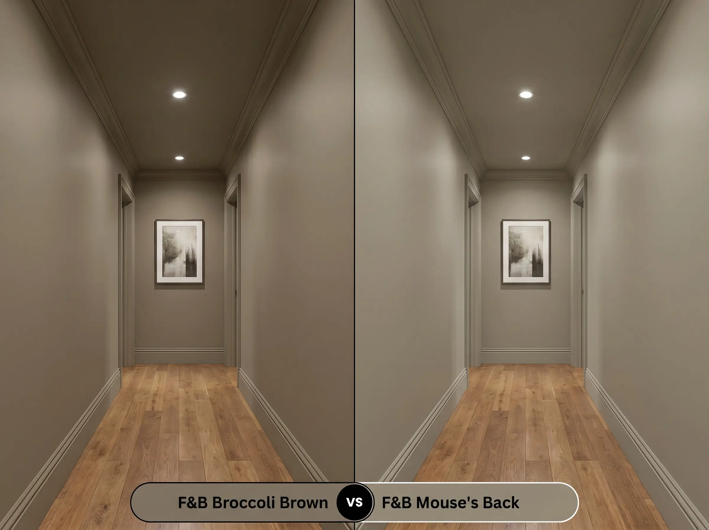 A side-by-side split-screen comparison of Farrow & Ball Broccoli Brown on the left and Farrow & Ball Mouse's Back on the right, shown in a mirrored hallway.