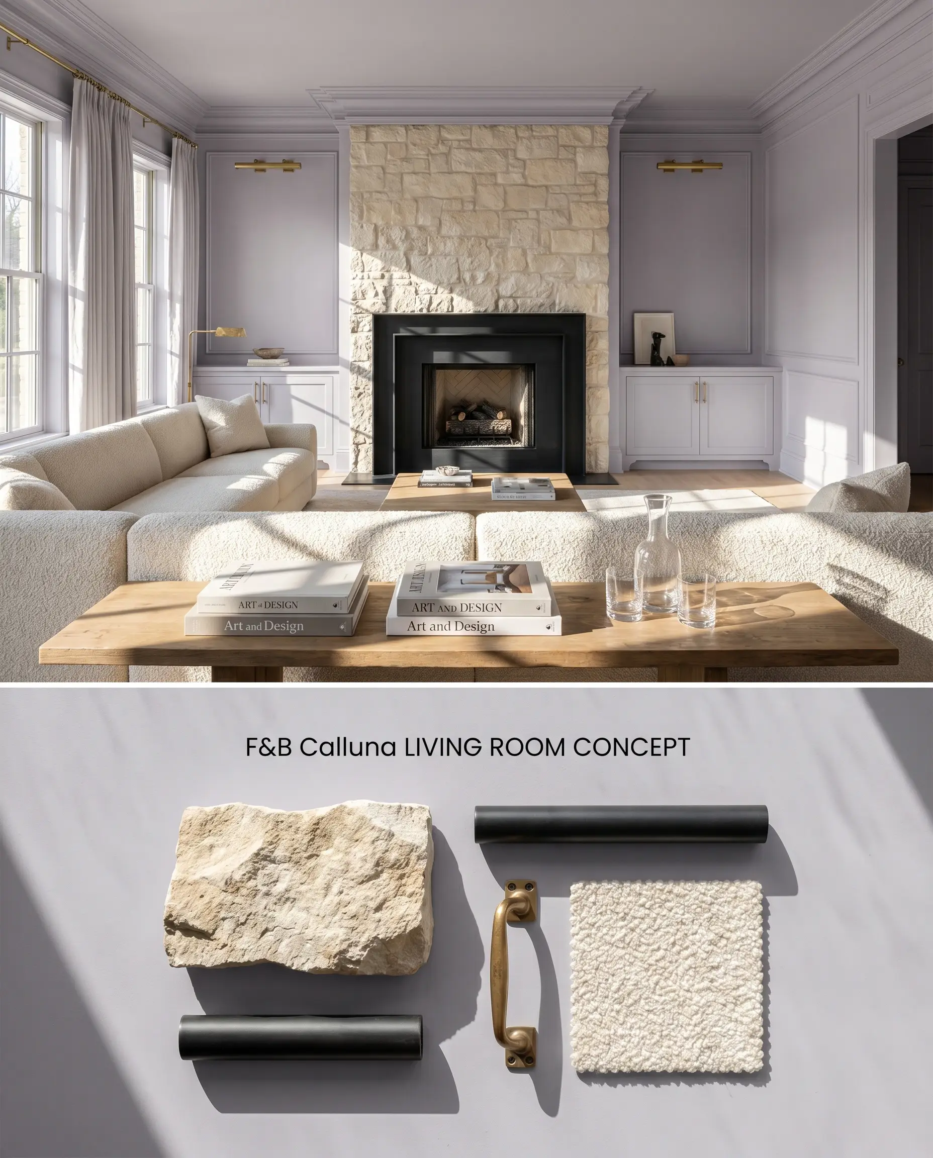 An 80/20 digital conceptual board showcasing a formal living room drenched in Farrow & Ball Calluna, paired below with tumbled limestone and boucle fabric.