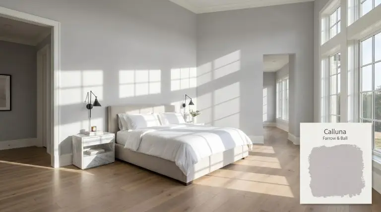 A wide architectural shot of a luxurious primary bedroom painted in Farrow & Ball Calluna (Hex #C9C7CD), featuring European white oak floors and marble nightstands.
