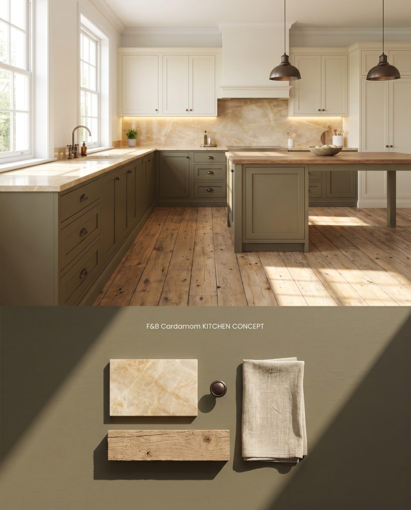 A split digital conceptual board for a custom kitchen highlighting mid-sheen earthy brown lower cabinetry on top, and quartzite and raw timber materials below.