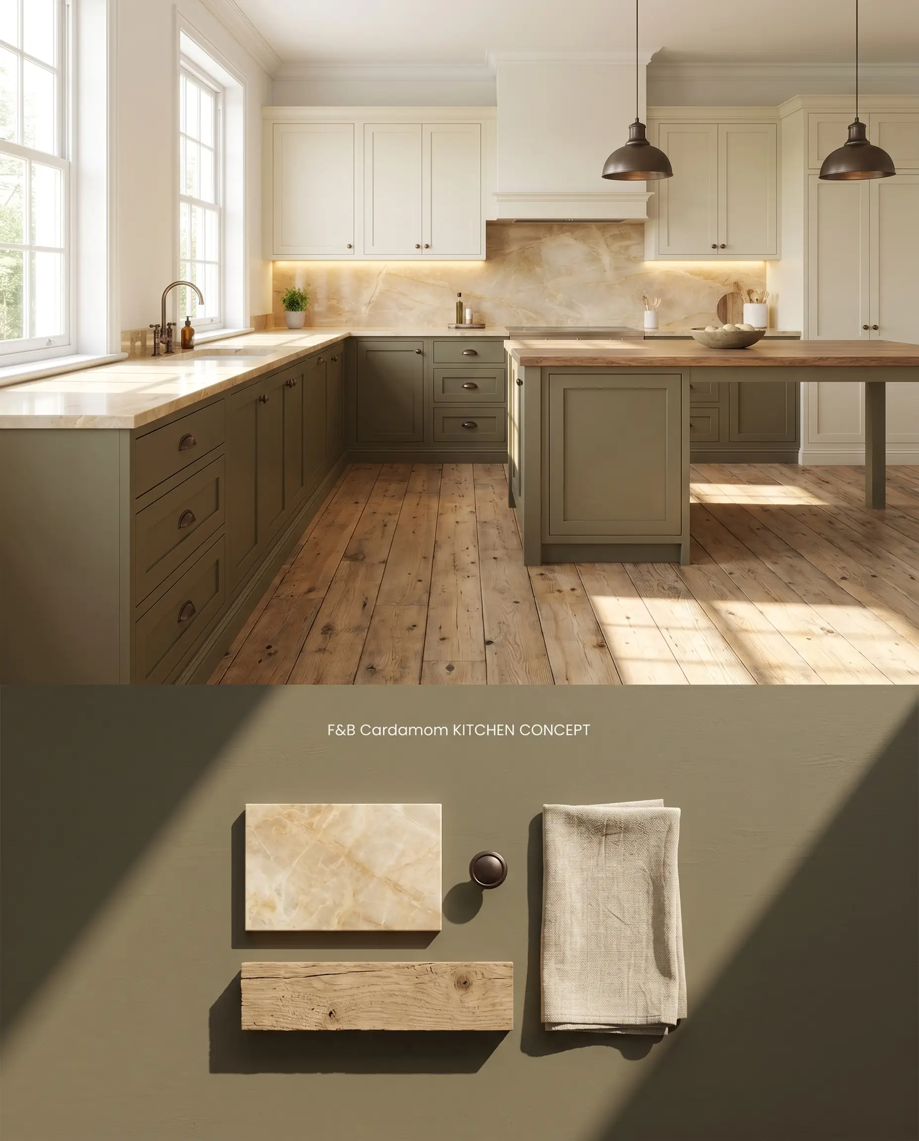 A split digital conceptual board for a custom kitchen highlighting mid-sheen earthy brown lower cabinetry on top, and quartzite and raw timber materials below.