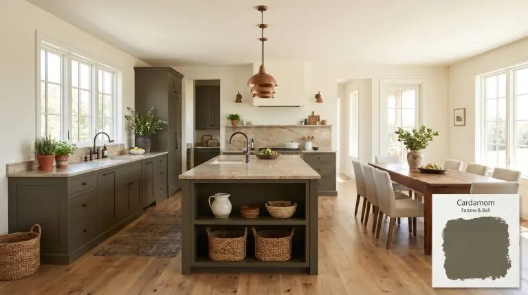 Sun-drenched organic kitchen featuring massive lower cabinetry painted in Farrow & Ball Cardamom (Hex #665f4b), paired with Taj Mahal quartzite and raw timber flooring.