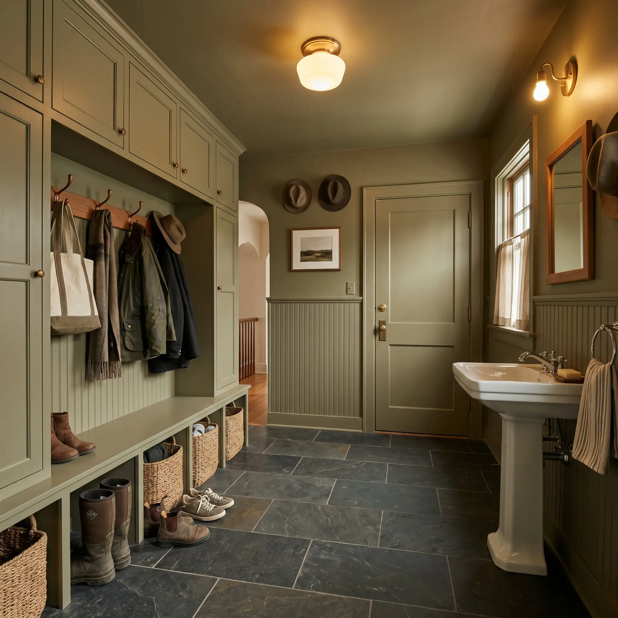 A fully color-drenched utility space features beadboard wainscoting and built-in storage lockers painted in a muddy green, contrasting with honed slate flooring.