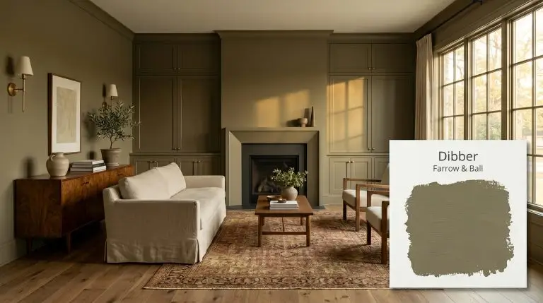 Custom built-in cabinetry painted in Farrow & Ball Dibber (Hex #7e775b) anchors an organic modern living room featuring a slipcovered linen sofa and burled walnut credenza.