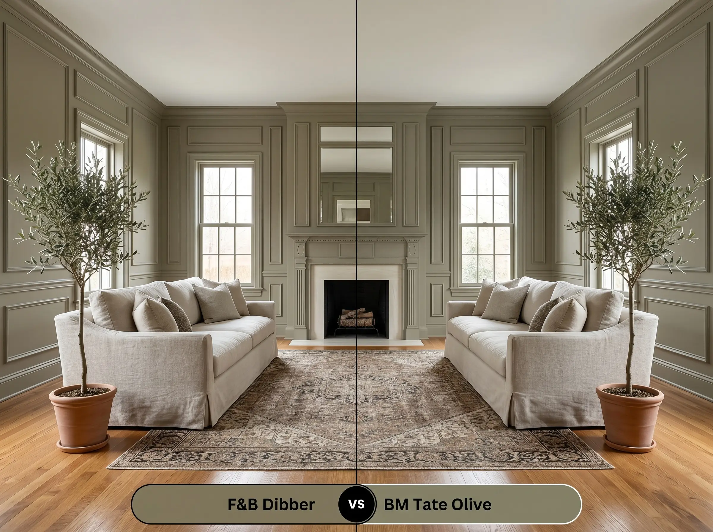 A side-by-side split-screen comparison of Farrow & Ball Dibber on the left and Benjamin Moore Tate Olive on the right, shown in a styled living room.