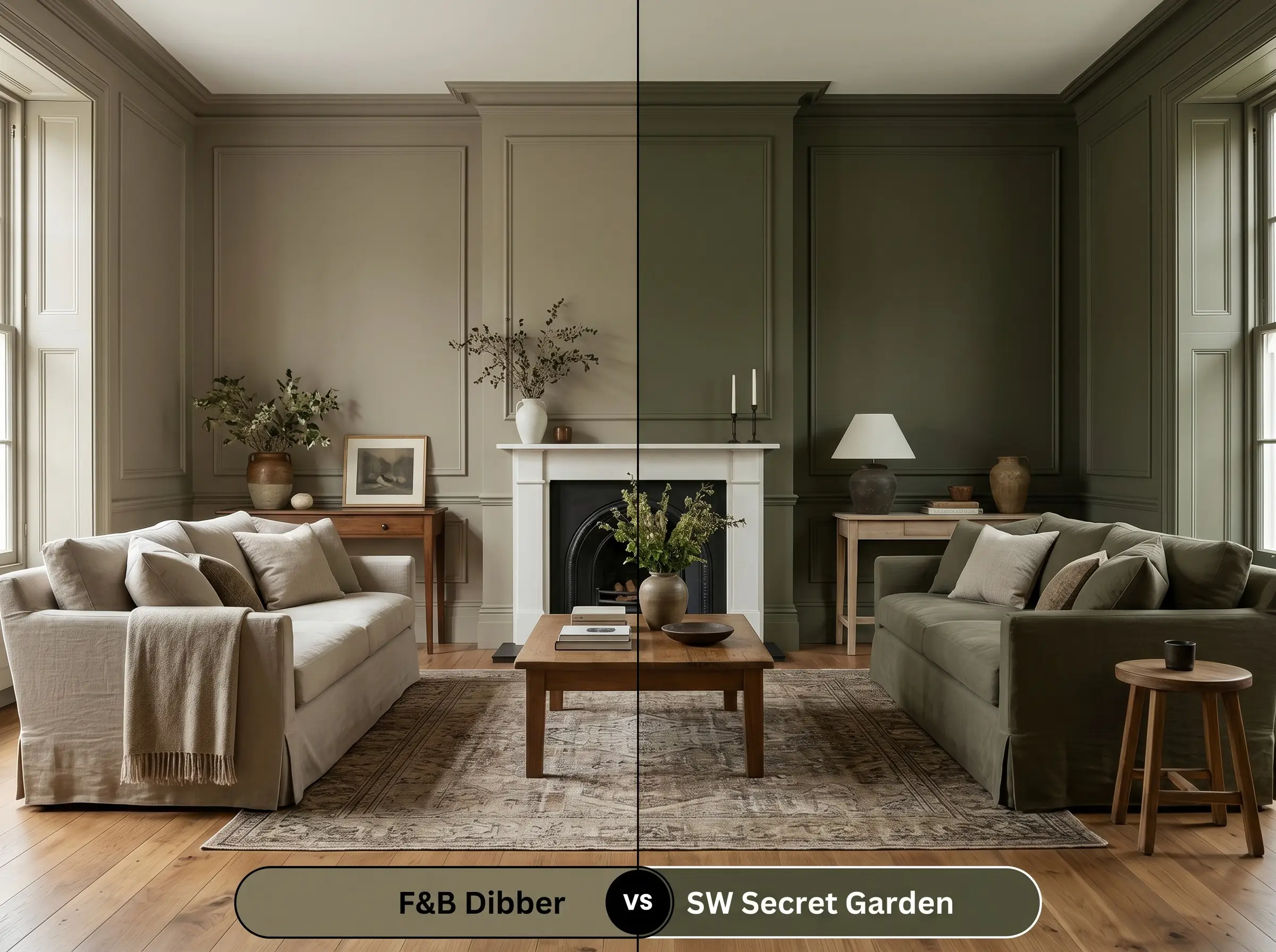 A side-by-side split-screen comparison of Farrow & Ball Dibber on the left and Sherwin-Williams Secret Garden on the right, shown in a styled living room.