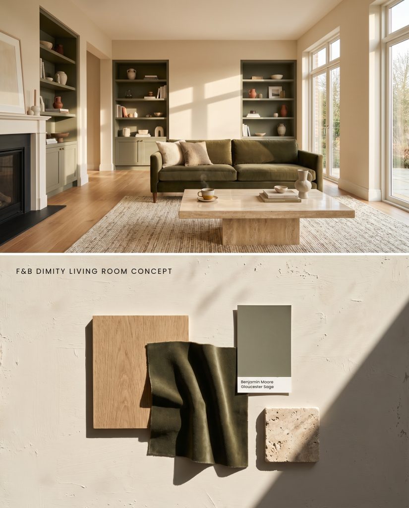 A split digital conceptual board for an expansive living room featuring Farrow & Ball Dimity walls, contrasting built-in shelving, and a lower tactile arrangement of white oak, travertine, and olive velvet.