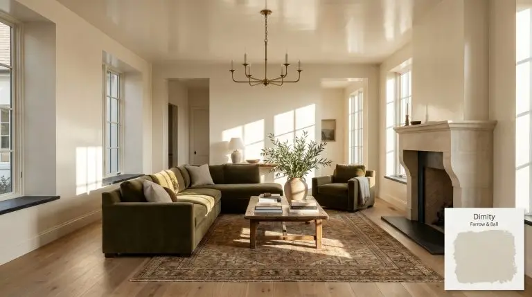 A photorealistic wide shot of a sun-drenched living space painted in Farrow & Ball Dimity (Hex #EAE1D3), featuring white oak flooring, black soapstone details, and deep olive velvet upholstery.