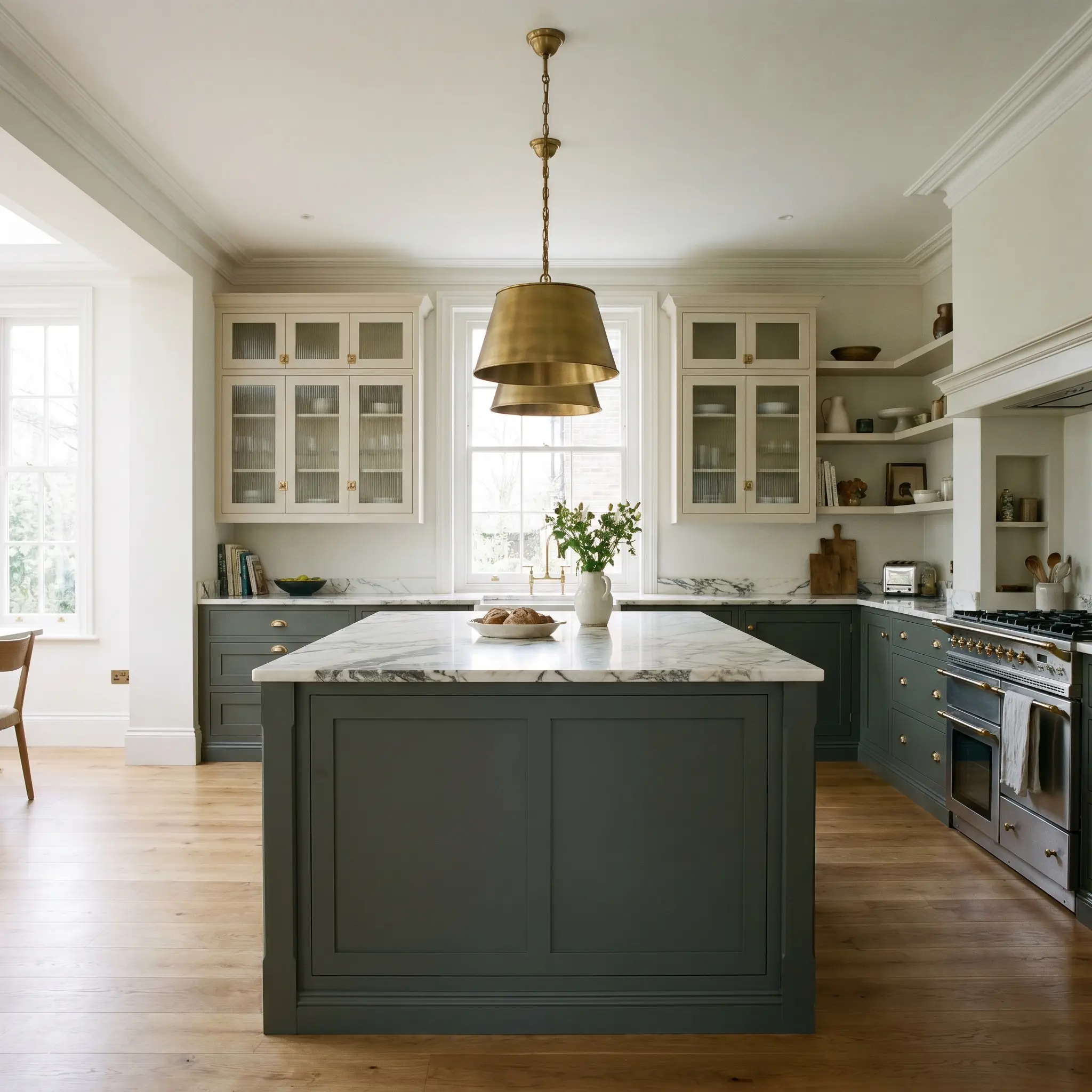 A large central island and lower shaker cabinets in a smoky grey-green dead flat finish contrast with unbleached parchment perimeter cabinets and Calacatta marble.