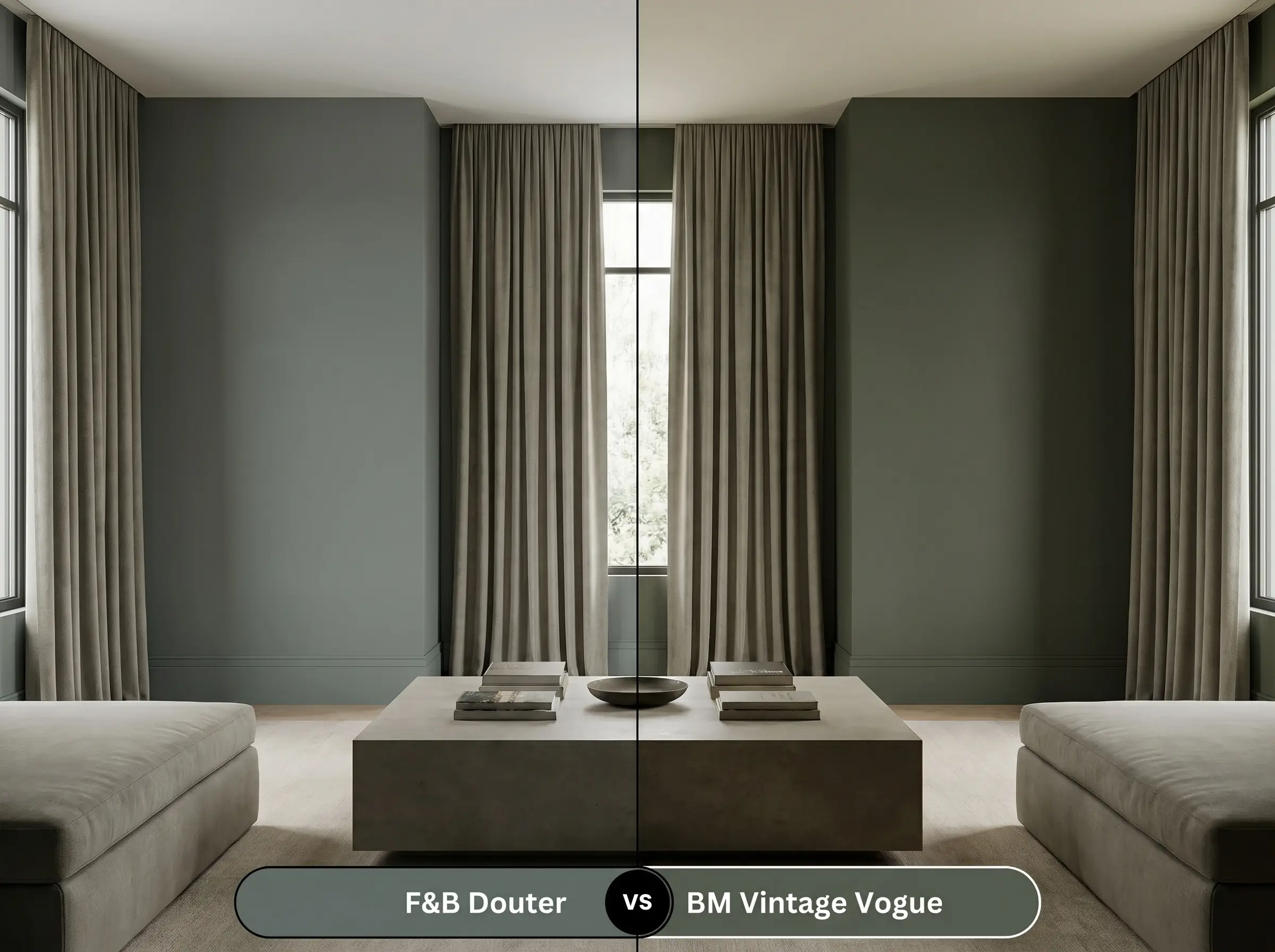 A side-by-side split-screen comparison of Farrow & Ball Douter on the left and Benjamin Moore Vintage Vogue on the right, shown in a tonal modern library with worsted wool drapery.
