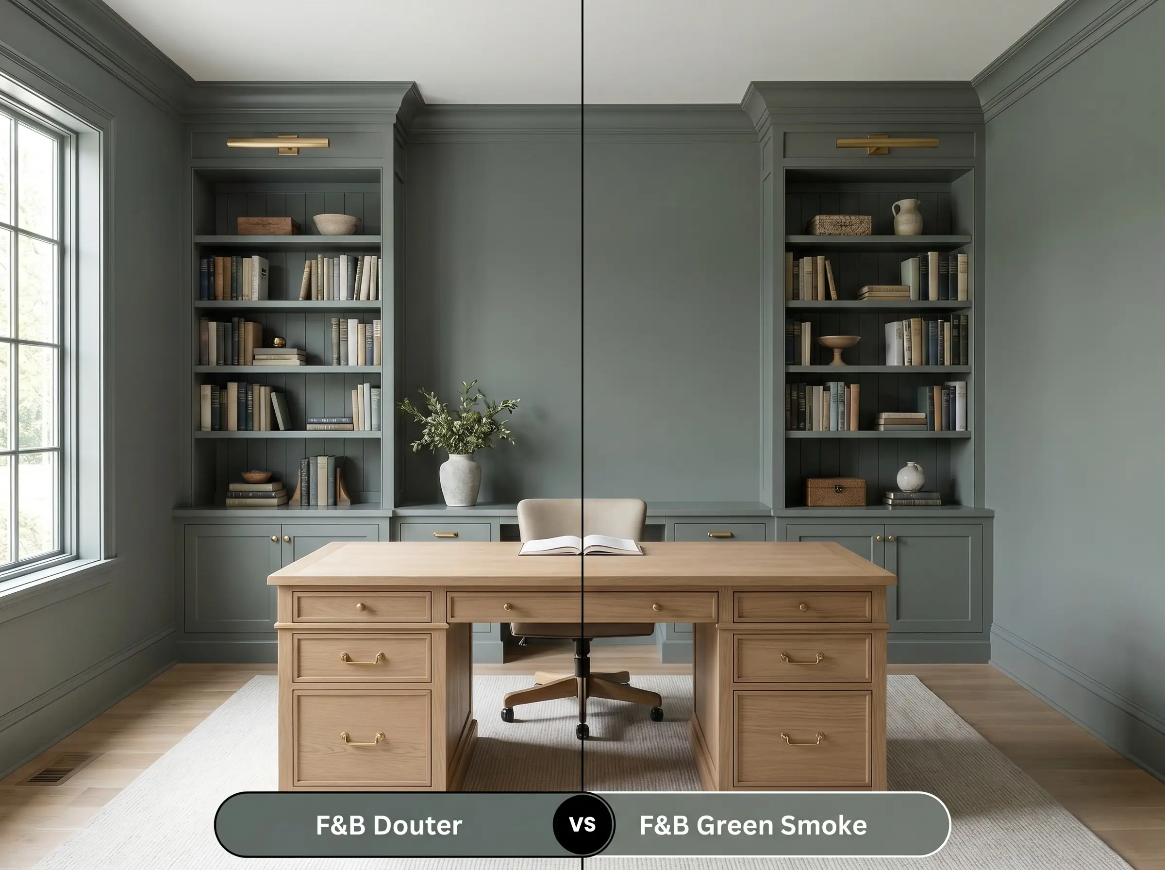 A side-by-side split-screen comparison of Farrow & Ball Douter on the left and Farrow & Ball Green Smoke on the right, shown in an elegant study featuring built-in bookcases.