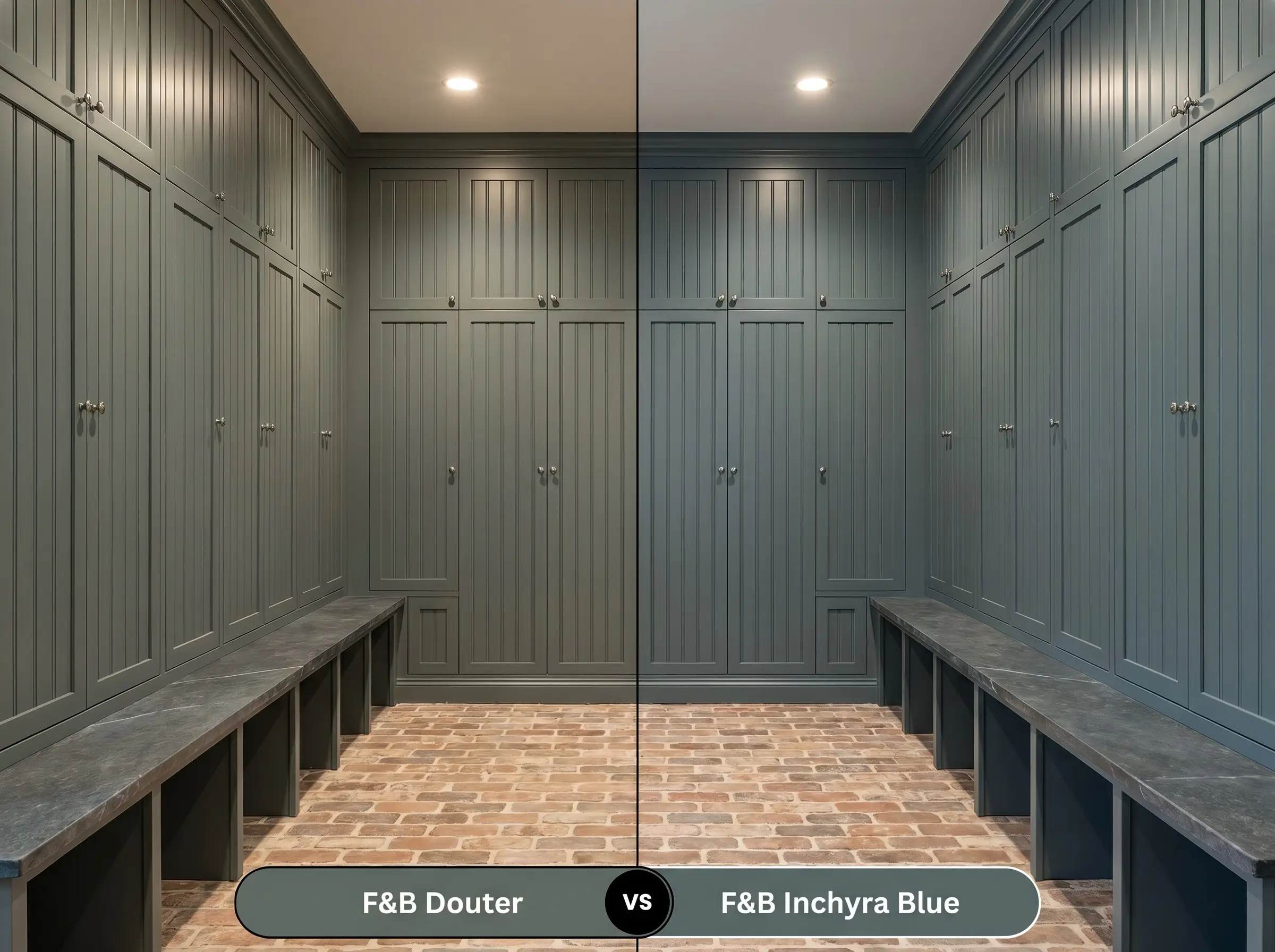 A side-by-side split-screen comparison of Farrow & Ball Douter on the left and Farrow & Ball Inchyra Blue on the right, shown in a sophisticated mudroom with beadboard lockers.