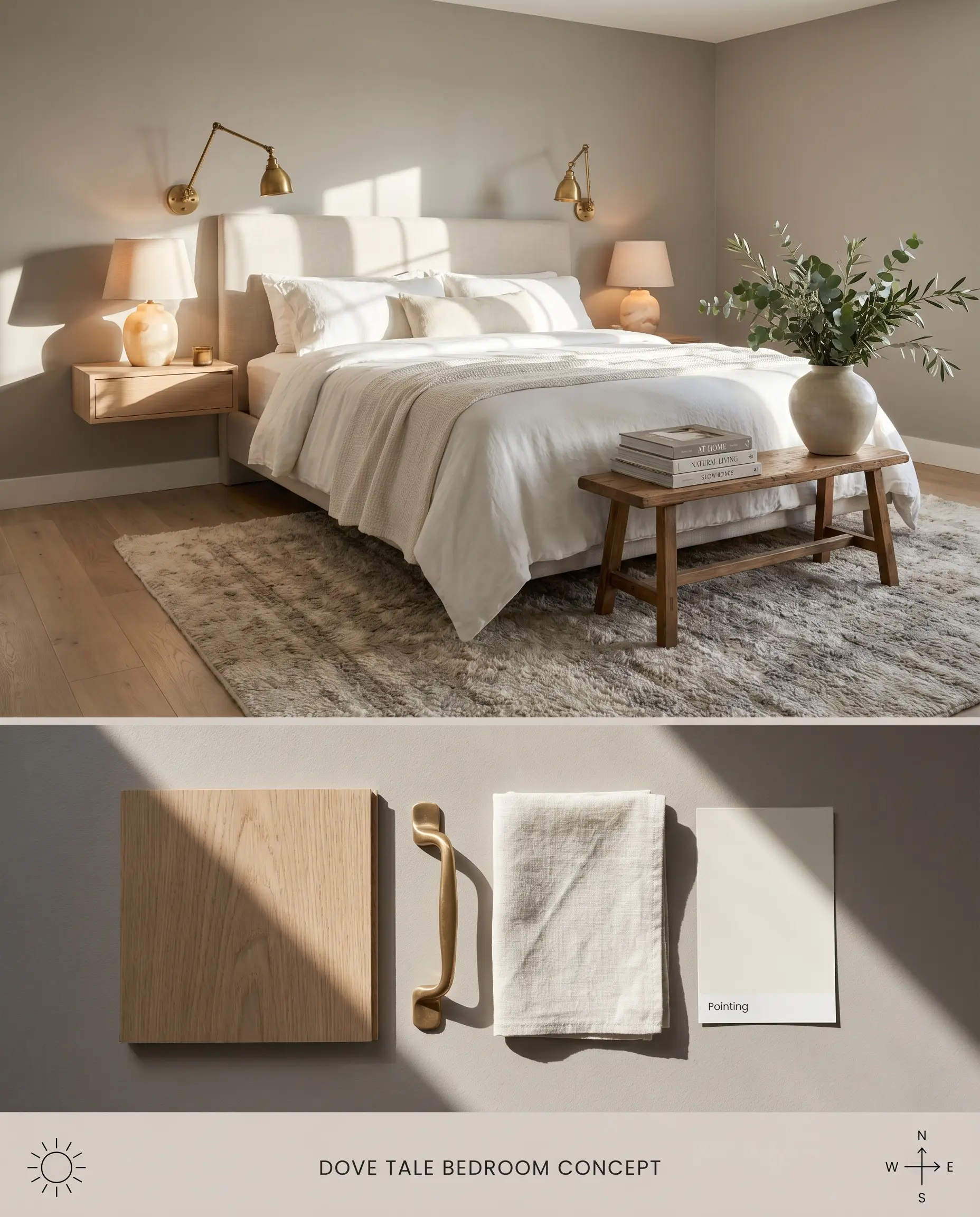 A split digital conceptual board for an east-facing bedroom pairing mid-tone greige walls with white oak flooring, unlacquered brass, and crisp linen textures.