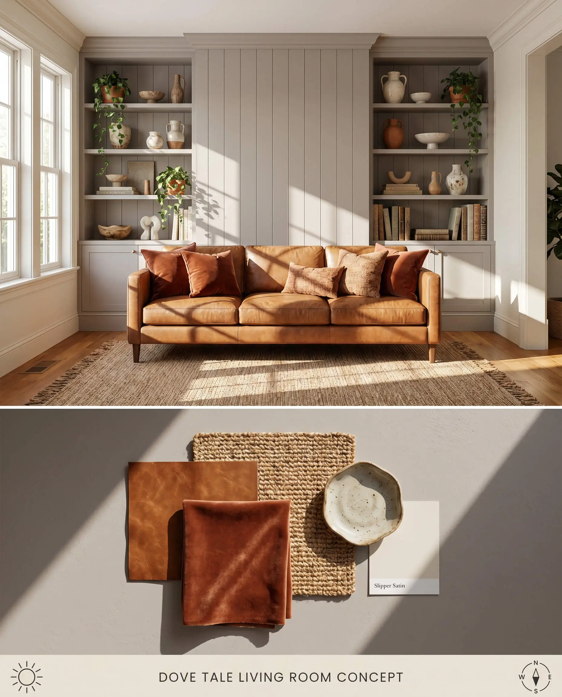 A split digital conceptual board for a living room displaying a saturated lilac-grey paneled focal wall styled with cognac leather and rust velvet textures.