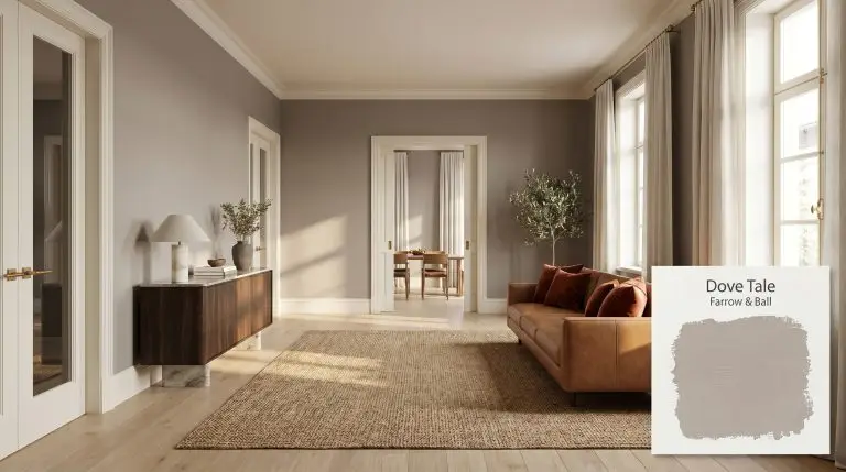 A photorealistic architectural shot of a high-end living space painted in Farrow & Ball Dove Tale (Hex #b7afa9), featuring white oak flooring and a cognac leather sofa.