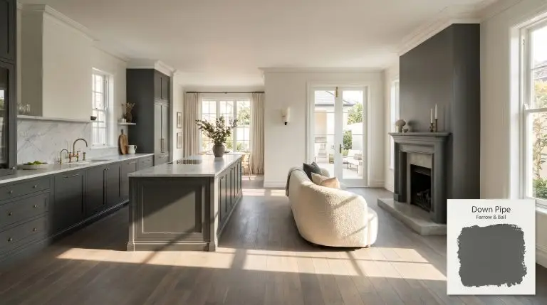 A wide architectural shot of an open-plan living space with Farrow & Ball Down Pipe (Hex #c9c7cd) on lower kitchen cabinetry and a central fireplace surround.