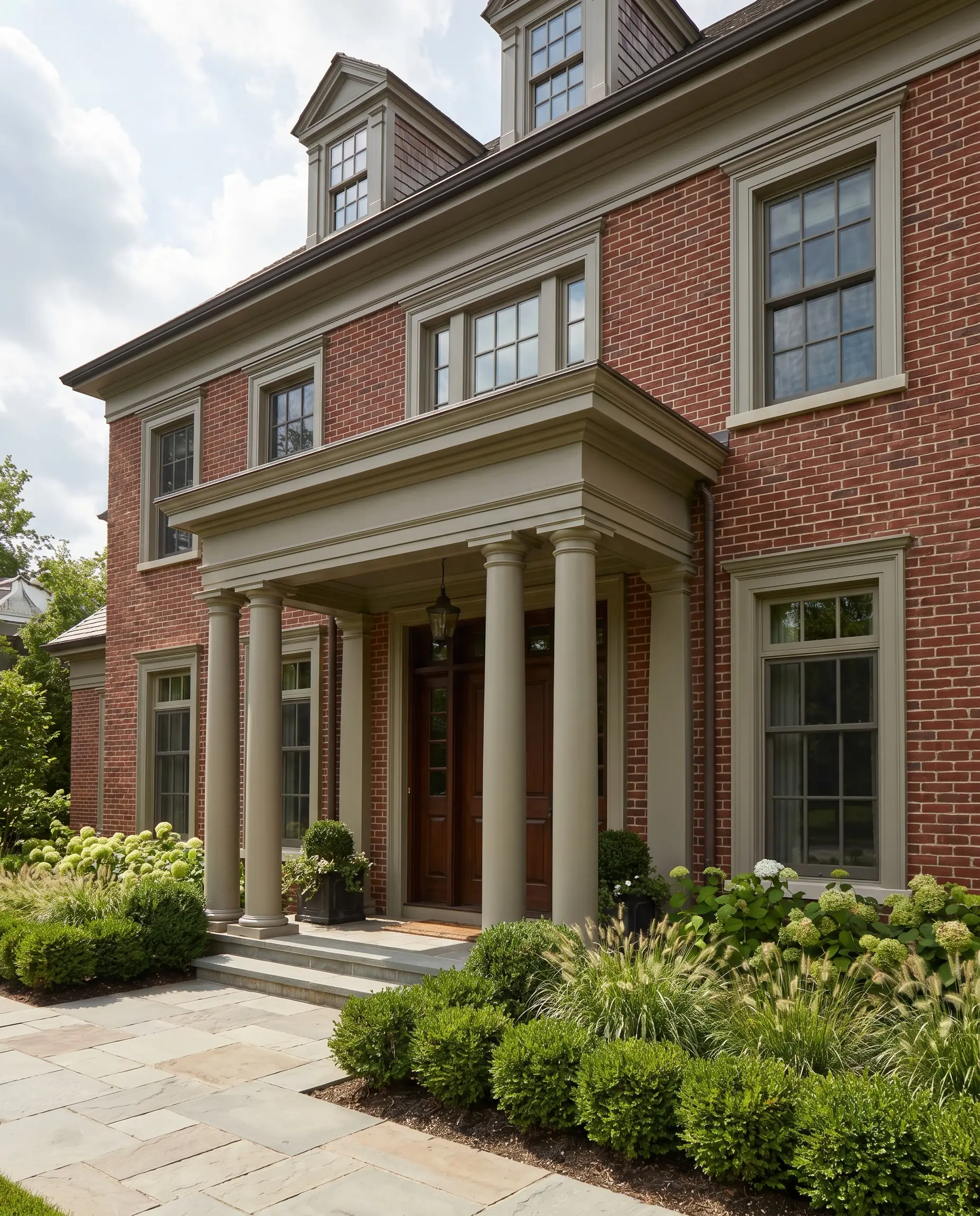 Muted putty painted chunky millwork and prominent porch columns in an exterior satin finish ground a heavy traditional red brick home facade.
