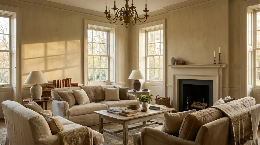 Muted beige walls wrap a beautifully restored historic living room furnished with plush slipcovered sofas and illuminated by antique brass chandeliers.