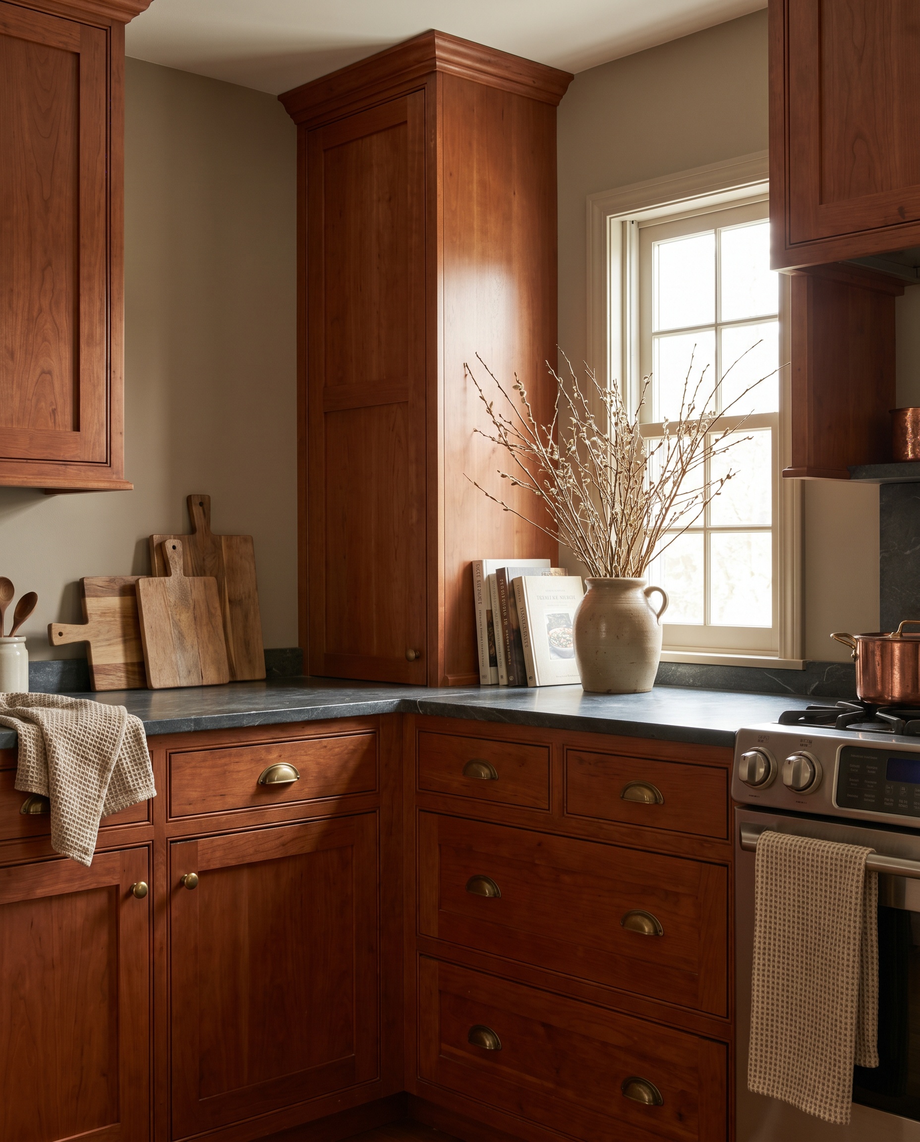 Traditional stained cherry cabinetry with aged brass cup pulls sits against earthy mud-greige Farrow and Ball Drop Cloth painted walls.