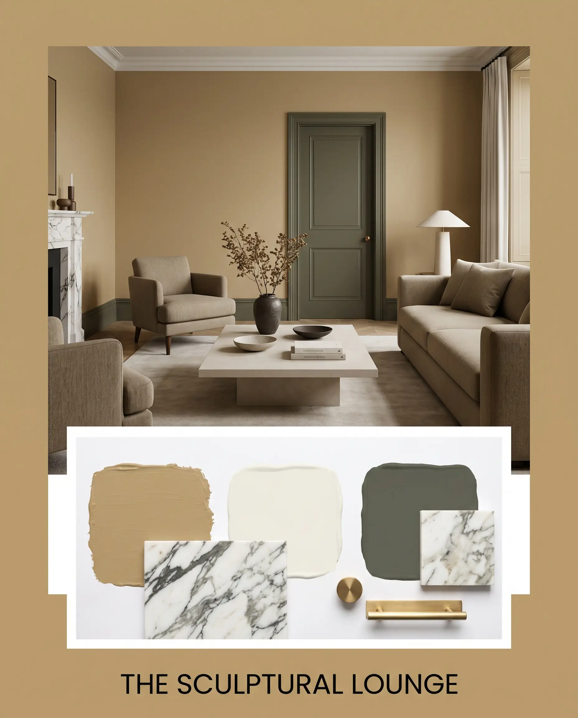 A bespoke interior palette flat-lay features heavily veined Calacatta marble and unlacquered brass hardware below a sculptural lounge showcasing warm ochre walls and worsted wool upholstery.