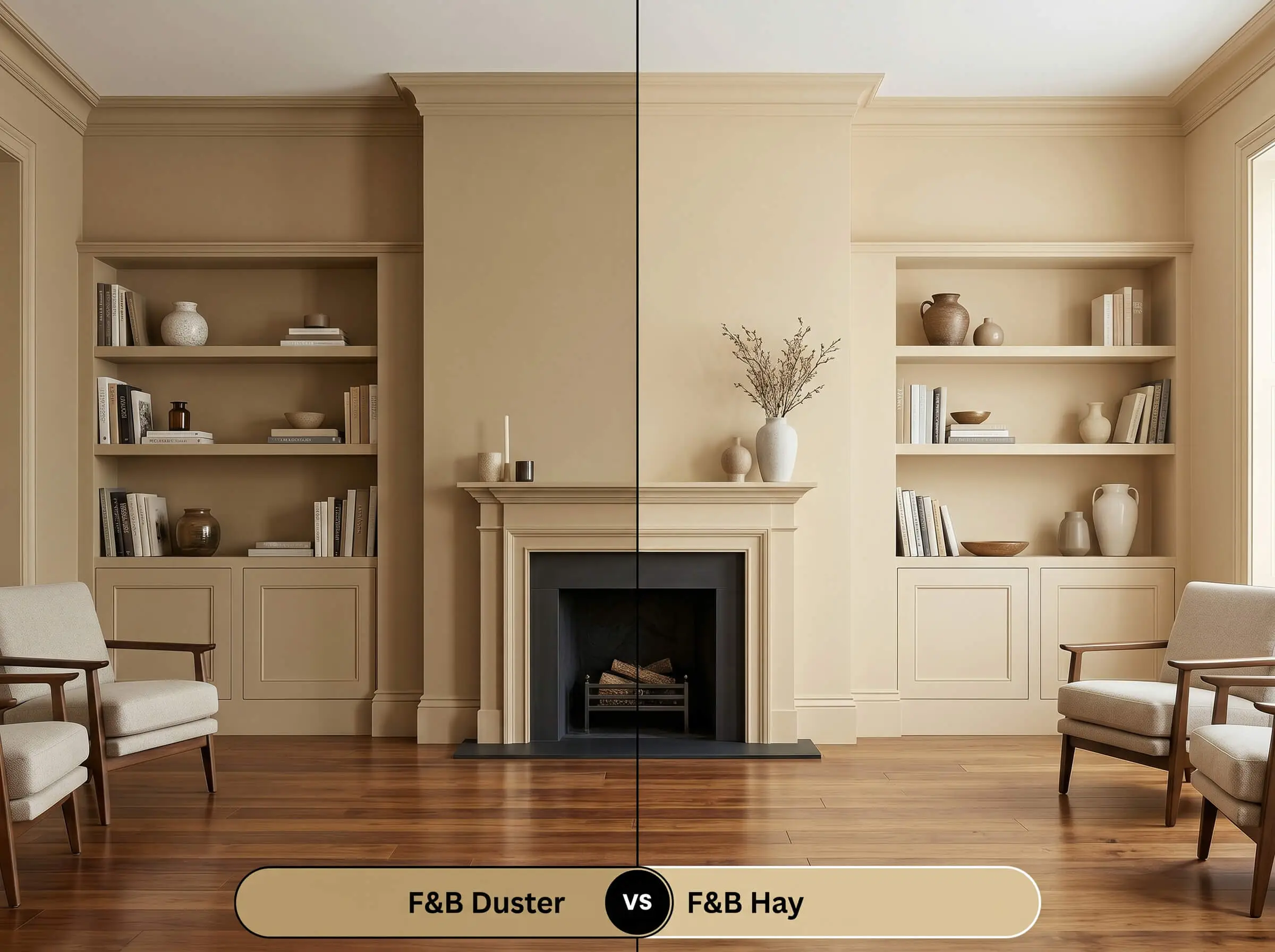 A side-by-side split-screen comparison of Farrow & Ball Duster on the left and Farrow & Ball Hay on the right, shown in a living room featuring symmetrical built-in shelving.