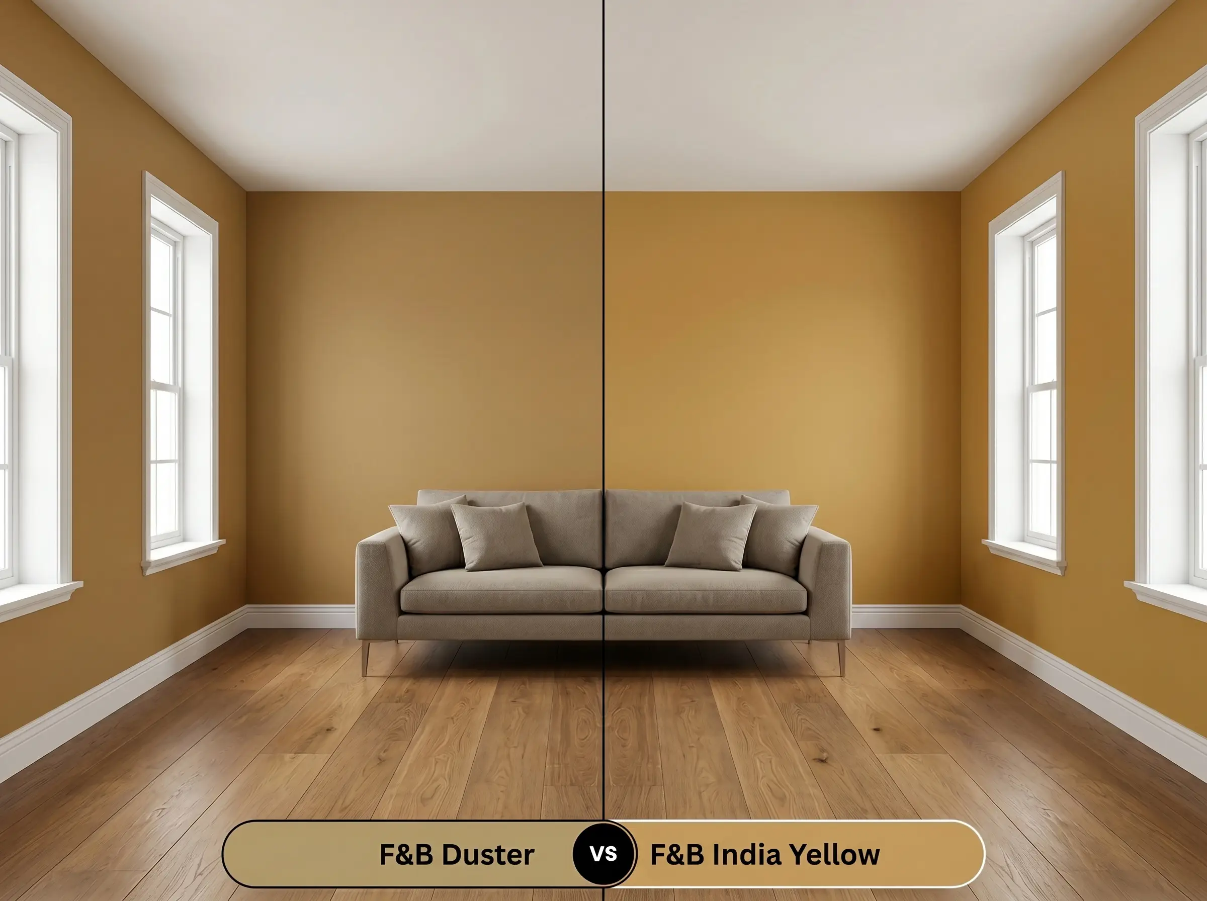 A side-by-side split-screen comparison of Farrow & Ball Duster on the left and Farrow & Ball India Yellow on the right, shown in a symmetrical living room with a central sofa.