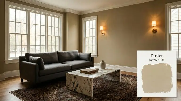 A sophisticated lounge features walls painted in Farrow & Ball Duster (Hex #BA9C69), framing a soft charcoal worsted wool sofa and a Calacatta marble coffee table.