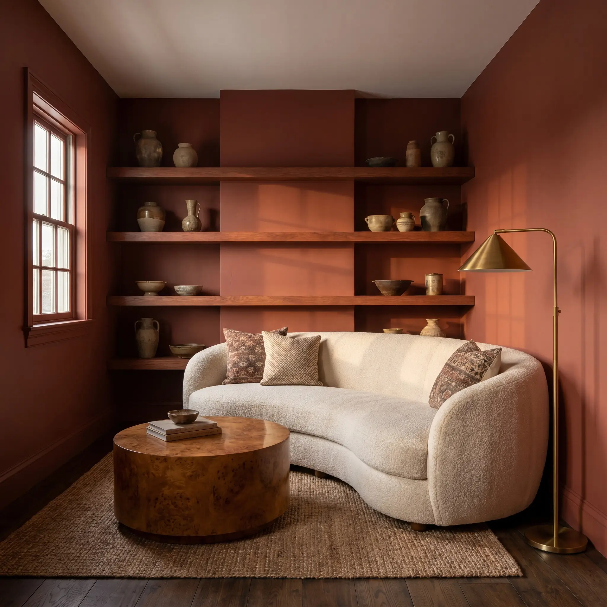 A plush cream mohair sofa and burl wood coffee table anchor an intimate reading room painted in Farrow & Ball Etruscan Red (Hex #805348).