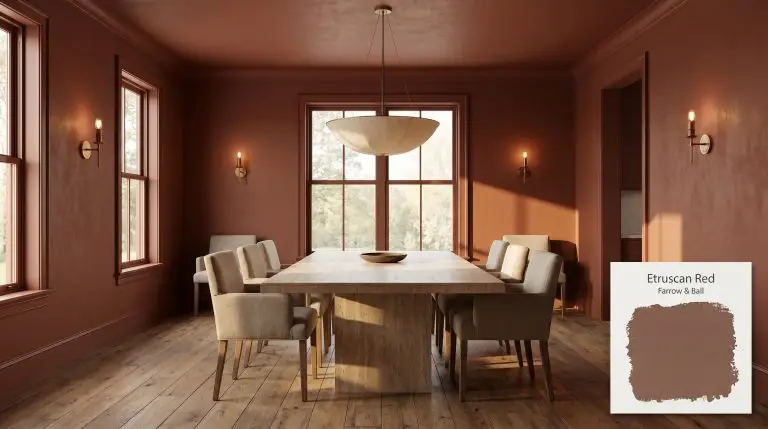 A spacious modern dining room color-drenched in Farrow & Ball Etruscan Red (Hex #805348) features a honed travertine table and unlacquered brass sconces.