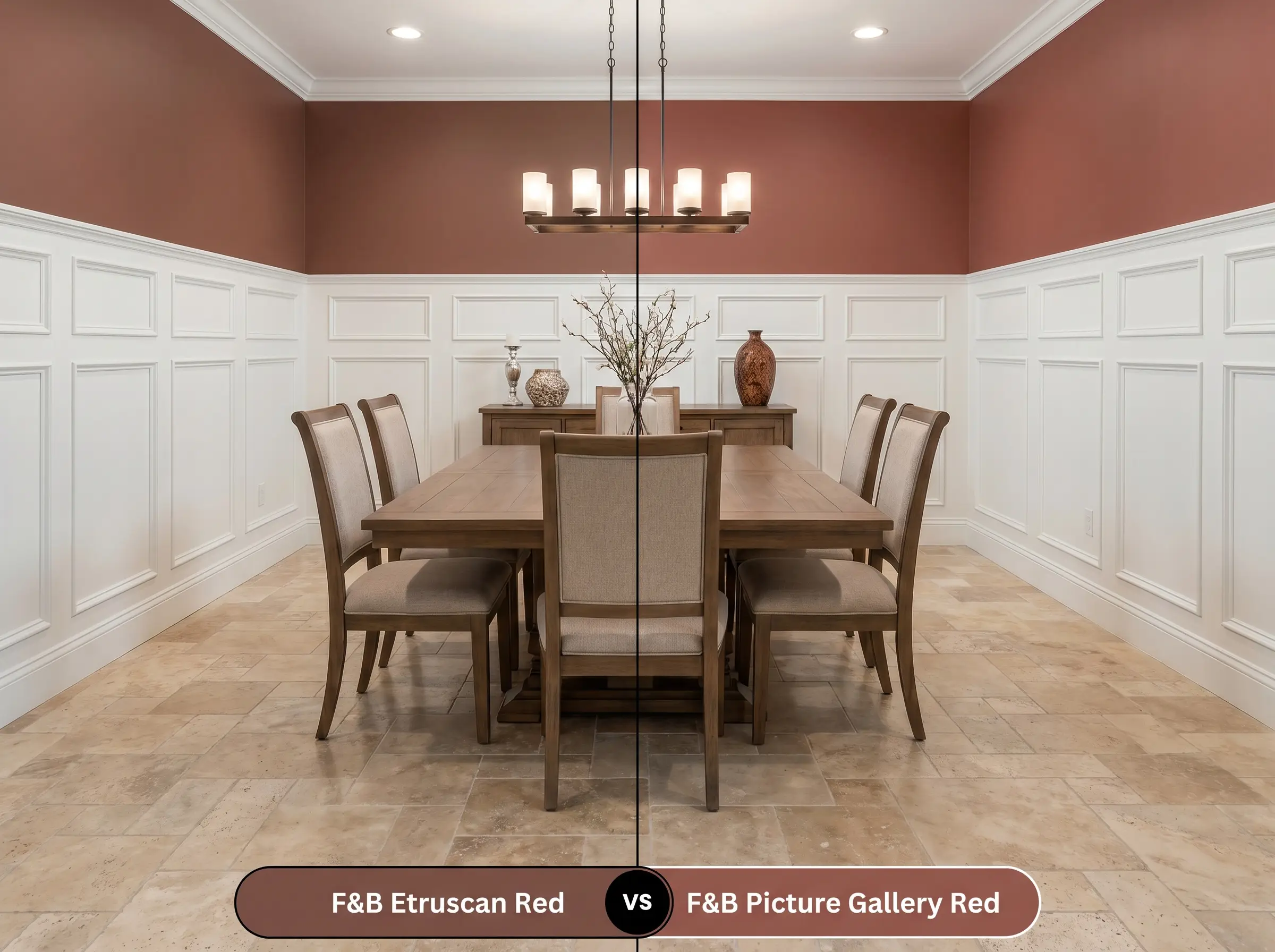 A side-by-side split-screen comparison of Farrow & Ball Etruscan Red on the left and Farrow & Ball Picture Gallery Red on the right, shown in a traditional dining room with wainscoting and a travertine floor.