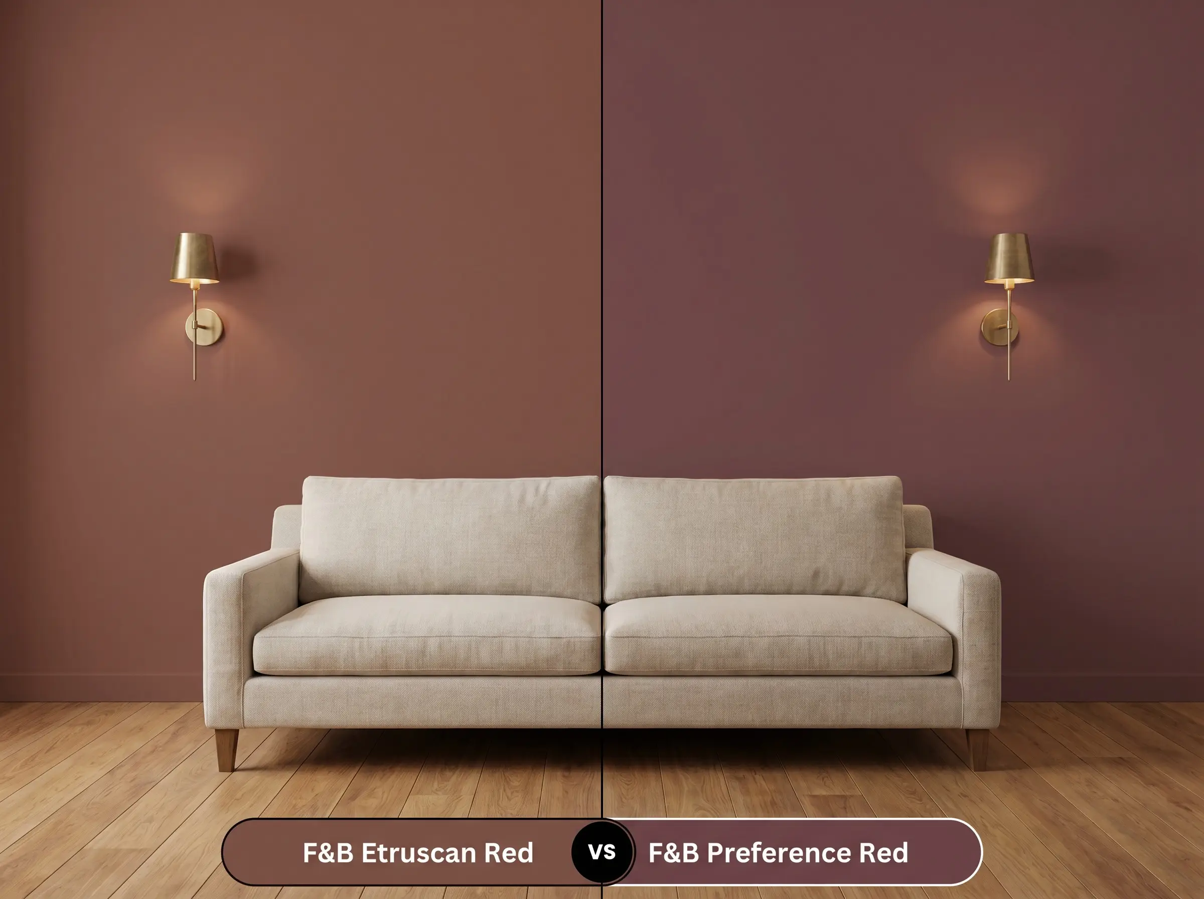 A side-by-side split-screen comparison of Farrow & Ball Etruscan Red on the left and Farrow & Ball Preference Red on the right, shown in a mirrored living room featuring a beige linen sofa.