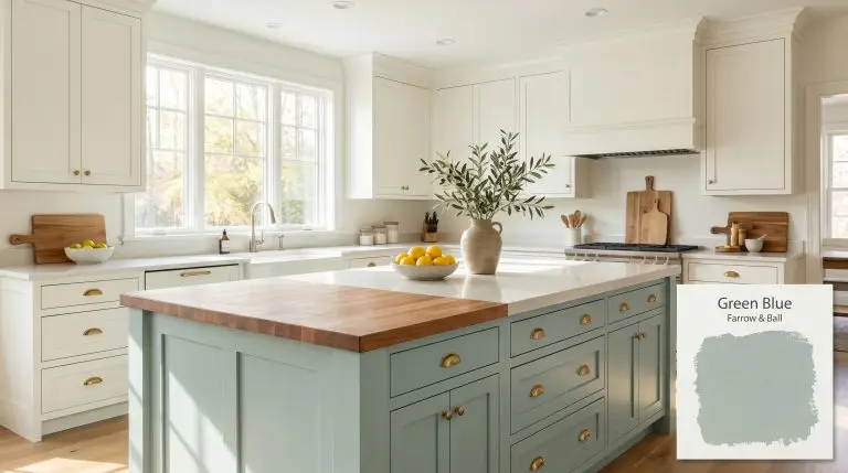 A photorealistic wide architectural shot of a kitchen featuring a central island painted in Farrow & Ball Green Blue (Hex #acbeb3) with unlacquered brass hardware.