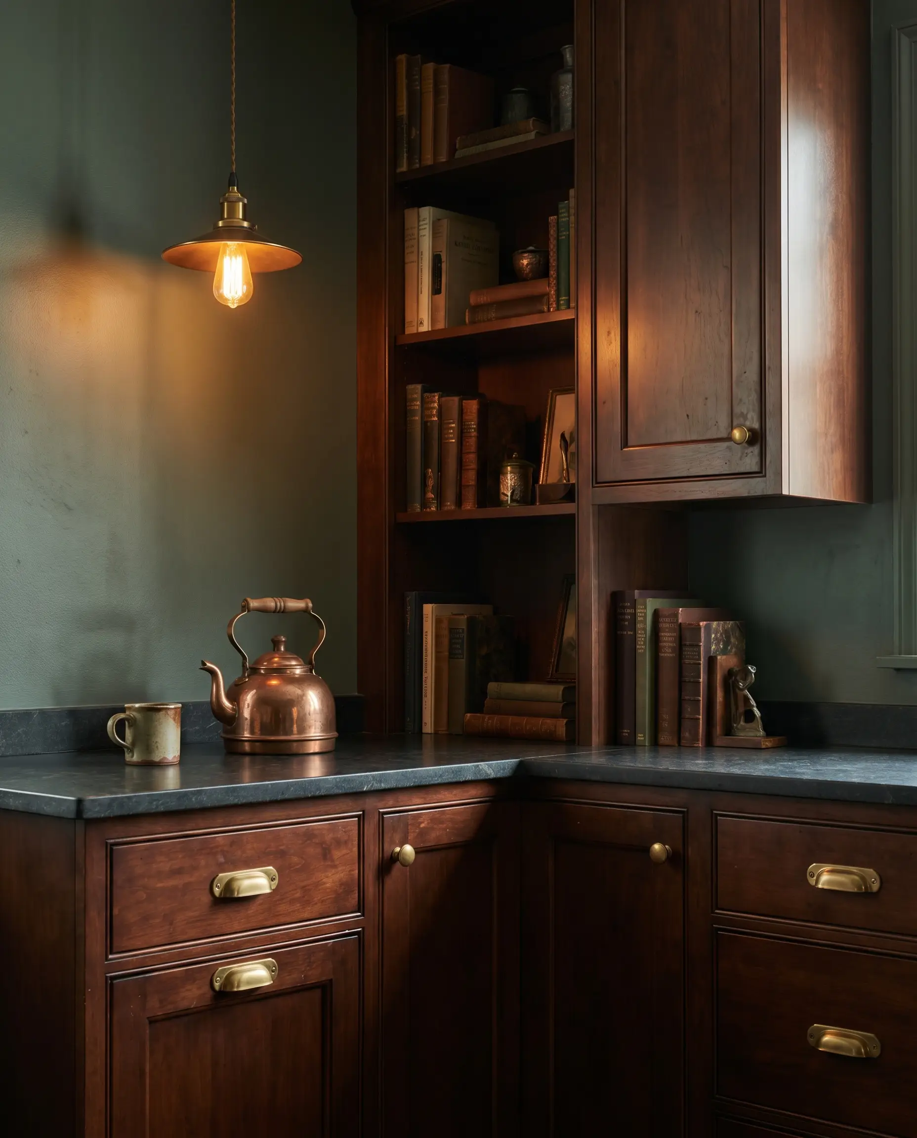 Deep smoky green walls surround traditional cherry wood cabinetry adorned with unlacquered brass hardware and a vintage kettle resting on the counter.