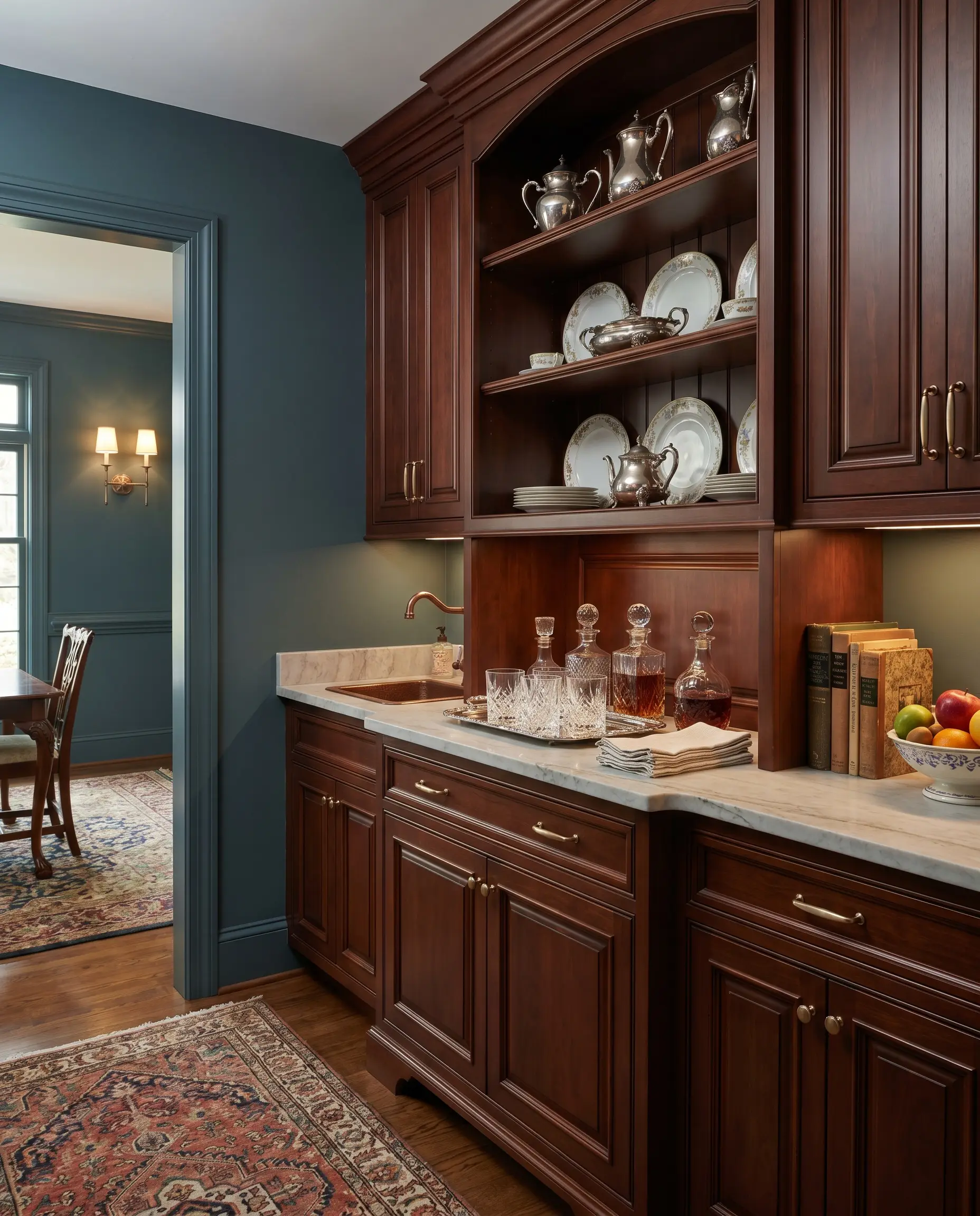 Strong deep blue Farrow and Ball Hague Blue walls surround cherry wood cabinets, champagne bronze hardware, and a curated glassware tray in a formal pantry.