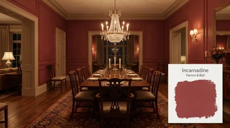 A grand formal dining room enveloped in Farrow & Ball Incarnadine (Hex #9c4547), featuring oiled walnut chairs, unlacquered brass candlesticks, and warm incandescent evening light.