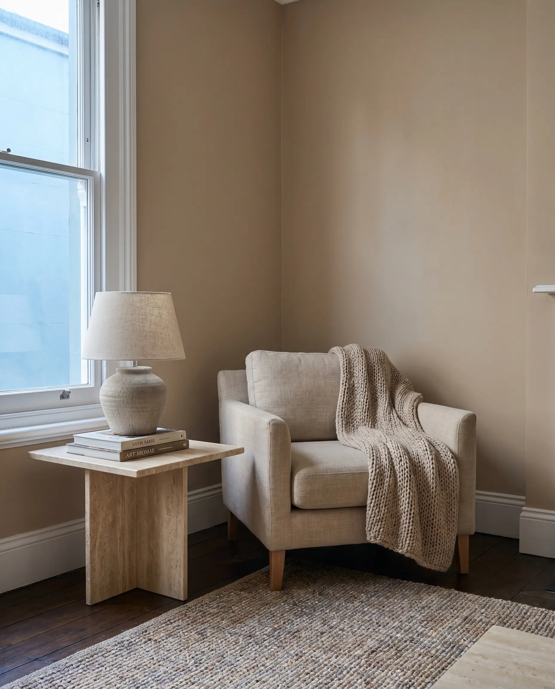 A natural linen lounge chair and travertine side table rest against sandy beige wall paint, accompanied by a textured ceramic table lamp and woven rug.