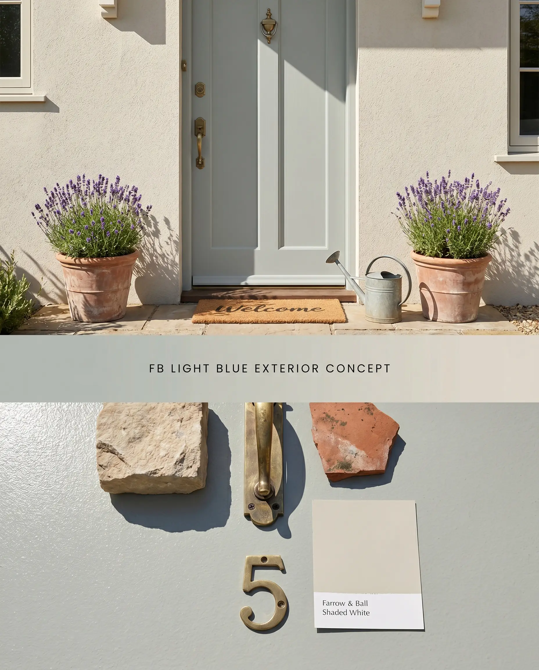 A split digital conceptual board for a home exterior pairing a silvery blue front door with a stucco facade above a flat-lay of limestone and aged brass.