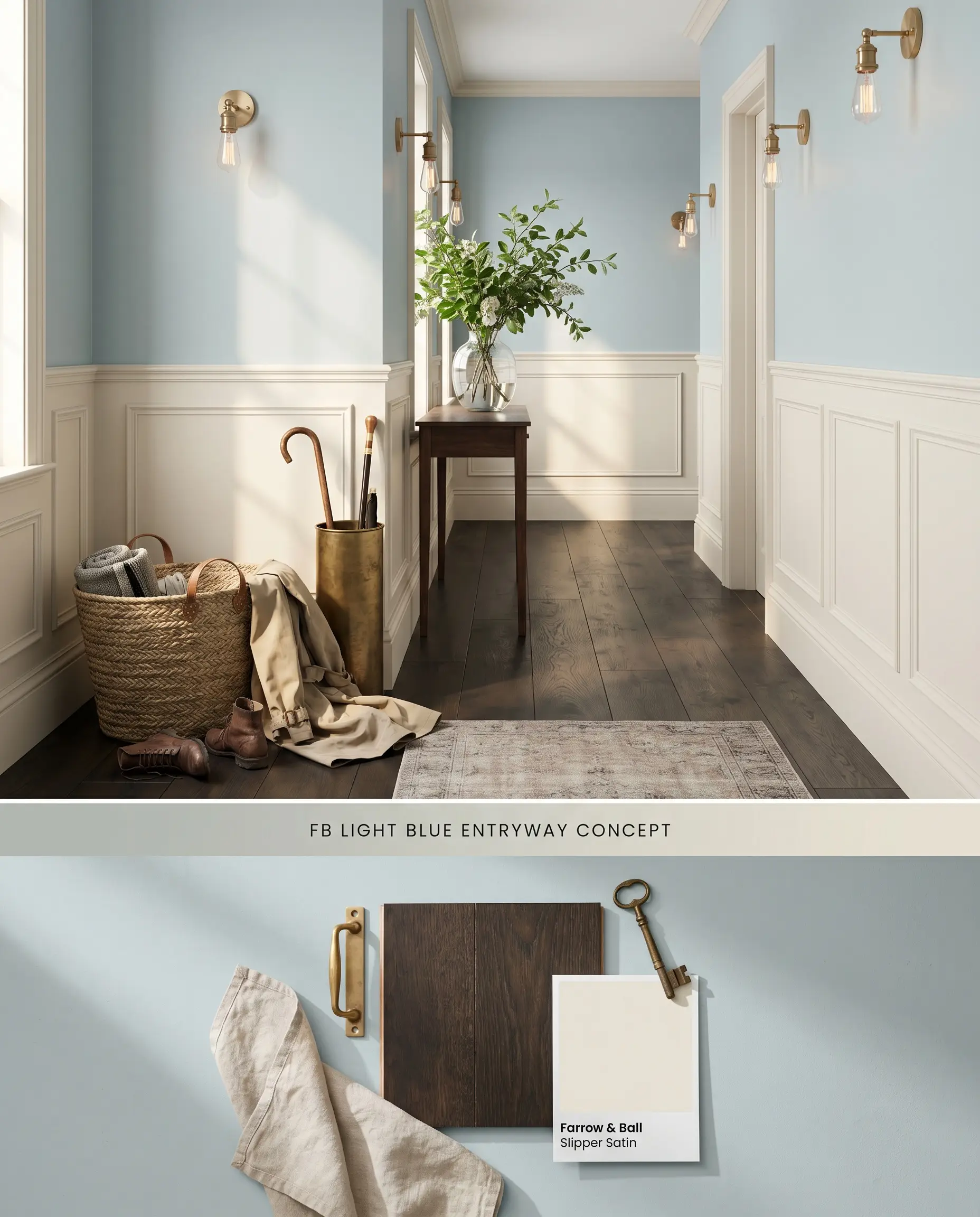 A split digital conceptual board for an entryway pairing silvery blue upper walls with crisp wainscoting on top, and coordinating physical materials below.
