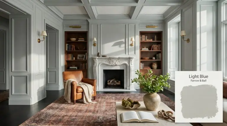 A photorealistic living room featuring floor-to-ceiling millwork painted in Farrow & Ball Light Blue (Hex #b5bbb4), styled with a Carrara marble fireplace and walnut bookshelves.