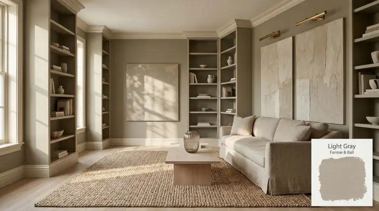 A relaxed living room features built-in bookshelves painted in Farrow & Ball Light Gray (Hex #afa592), surrounding a Belgian linen slipcovered sofa and bleached oak coffee table.